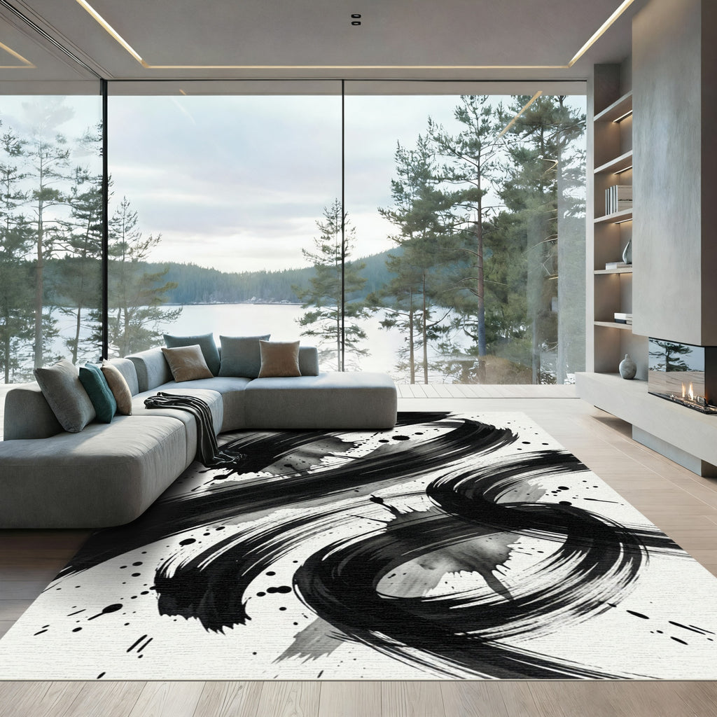 Bold Black Ink Brushstroke Splatter Rug