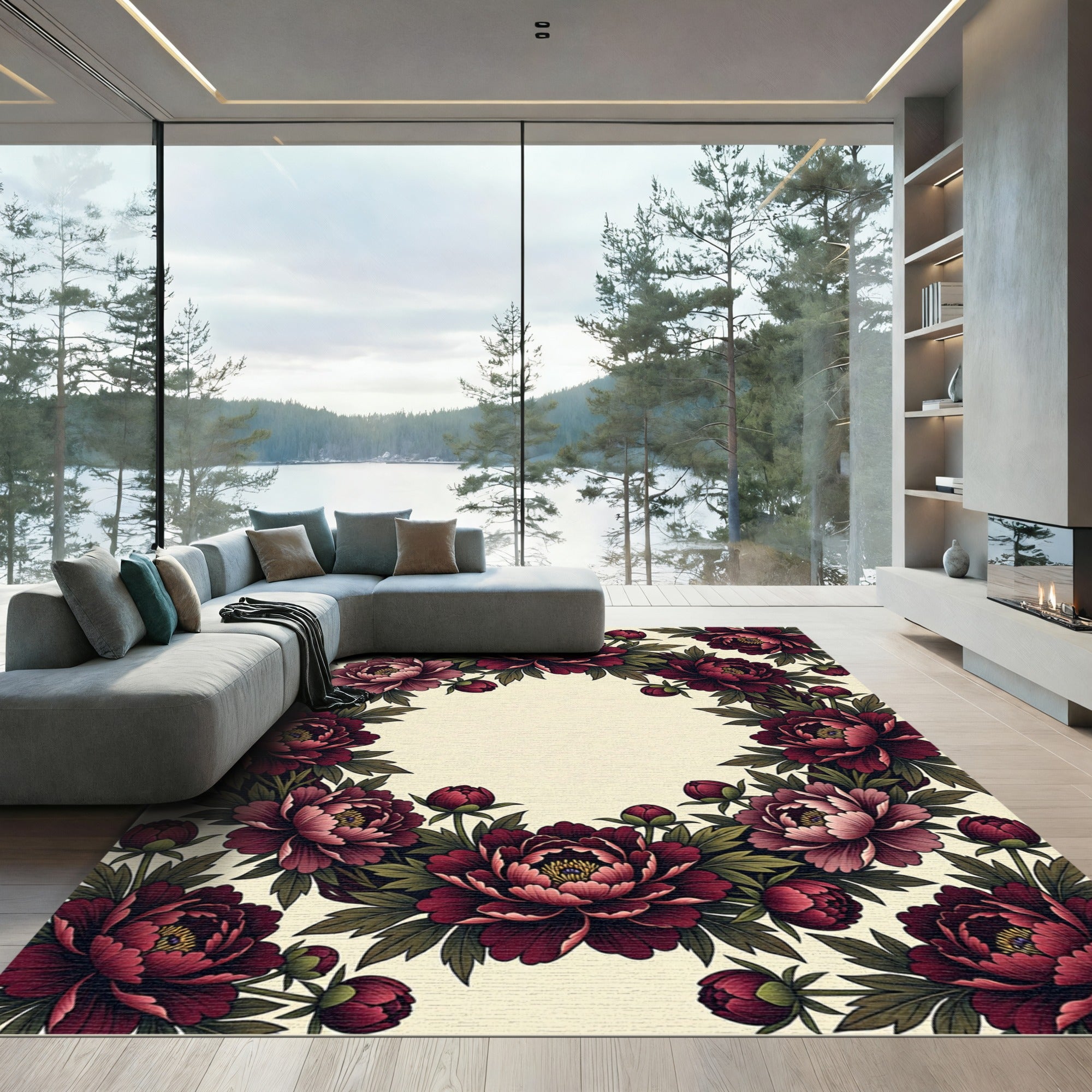 Deep Burgundy Peony Floral Wreath Rug