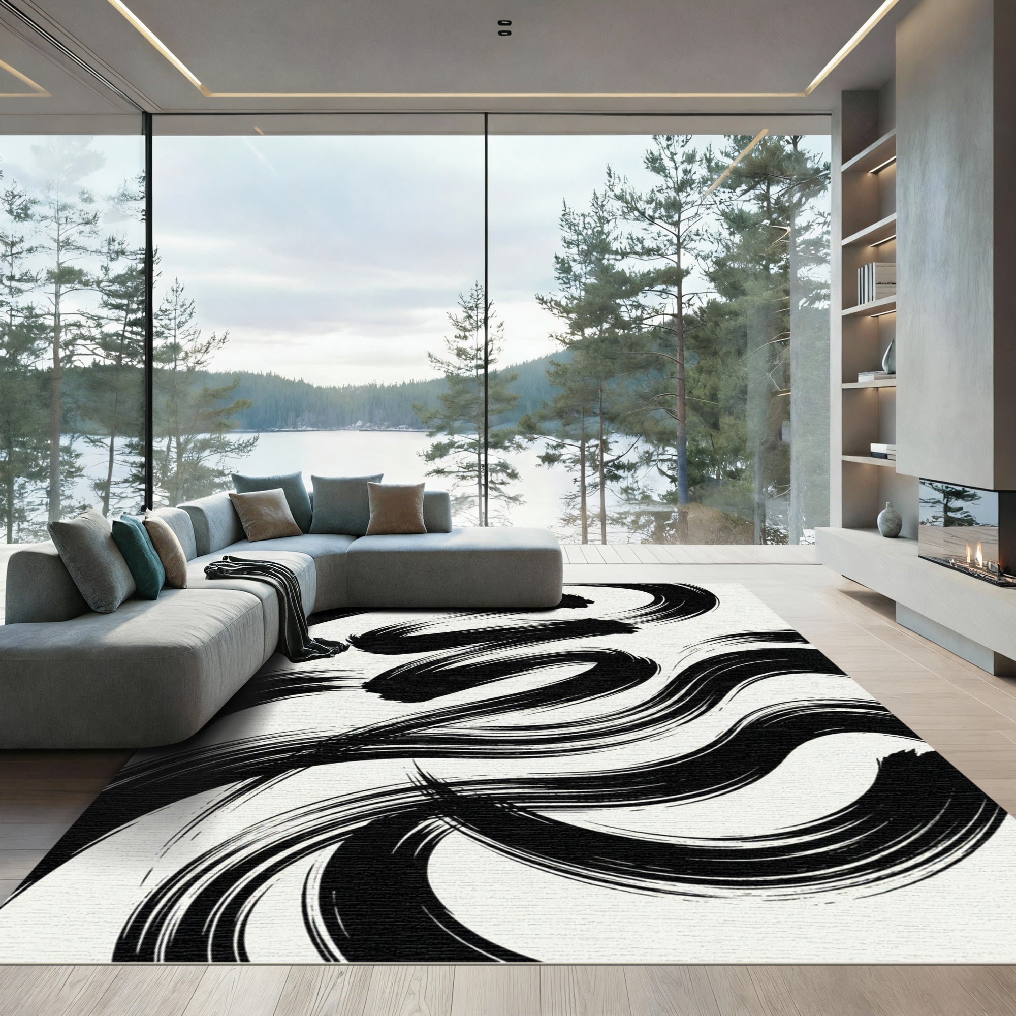 Minimalist Black and White Brushstroke Rug