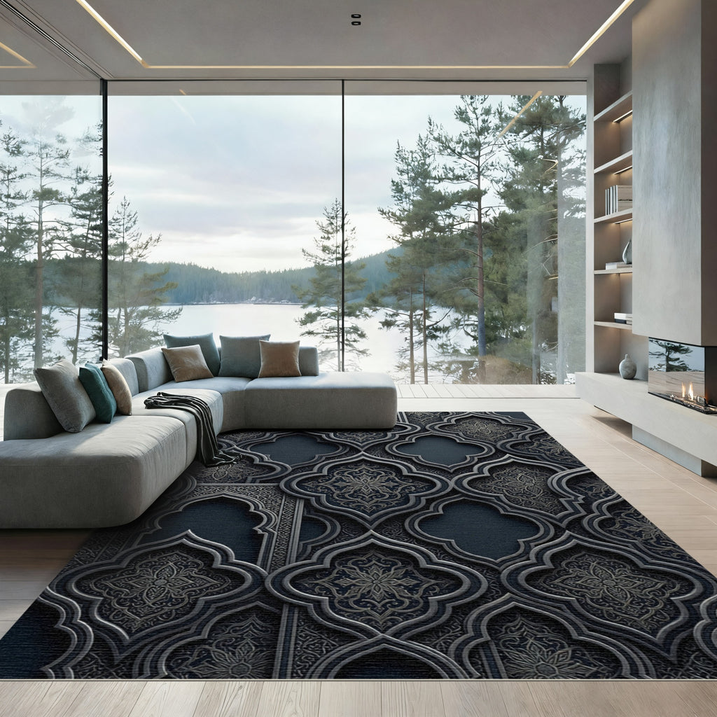 Dark Stone Arabesque Floral Trellis Rug