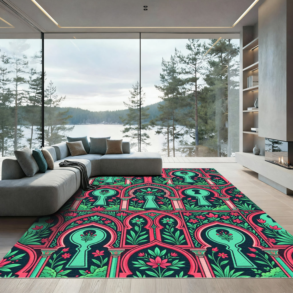 Dark Teal Floral Arch Keyhole Graphic Rug