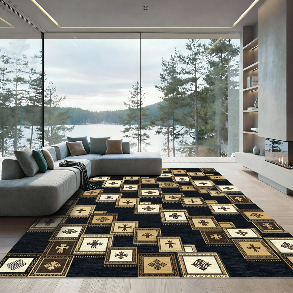 Golden Ethnic Symbols Mosaic Rug
