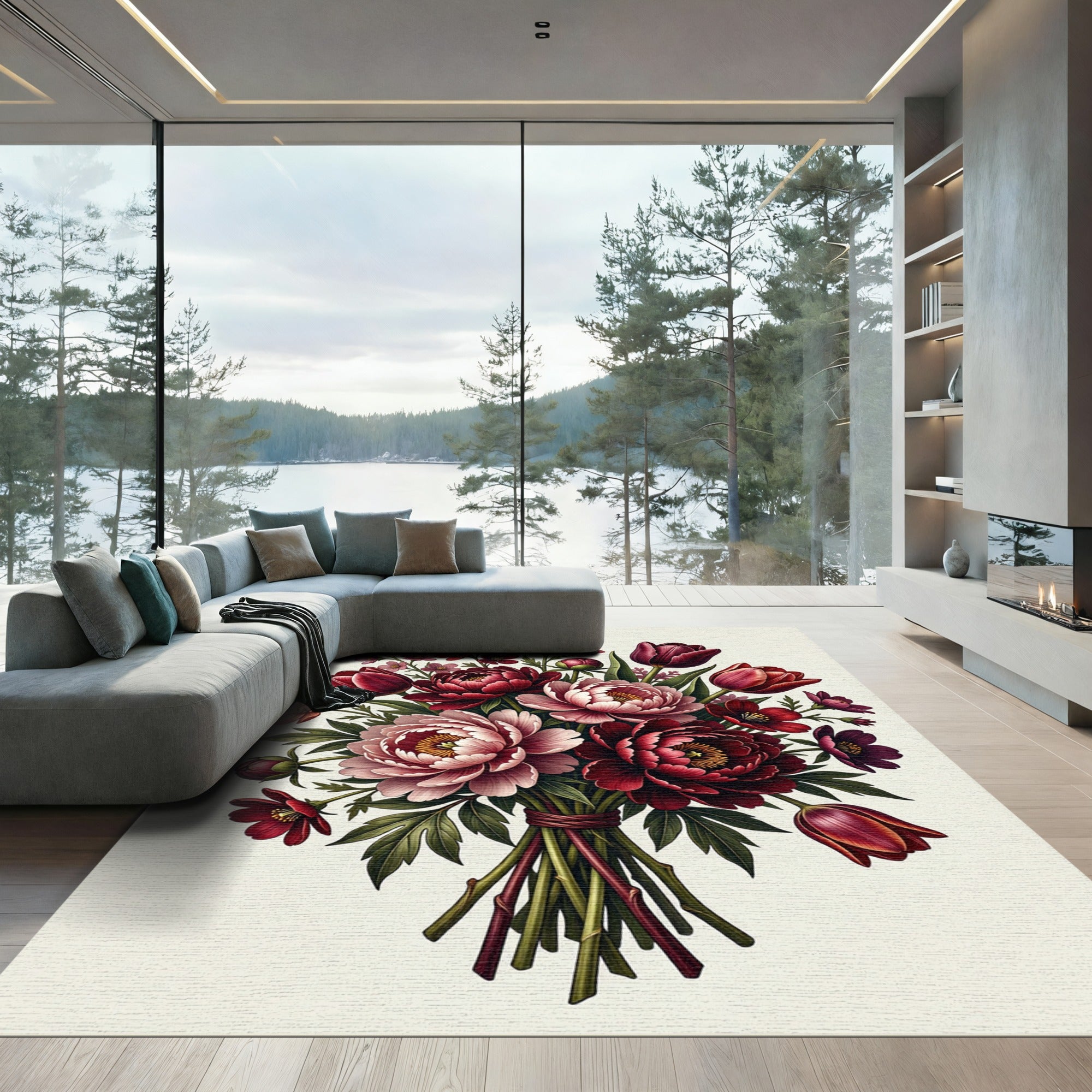 Lush Crimson Tulip Peony Bouquet Rug