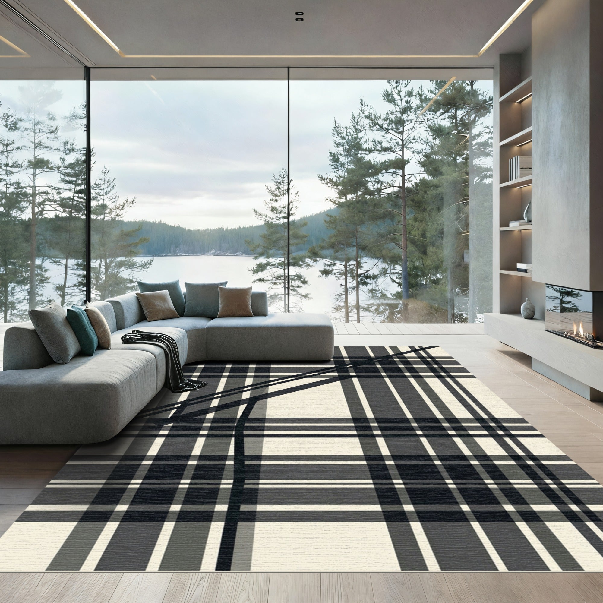Modern Minimalist Black and White Plaid Rug