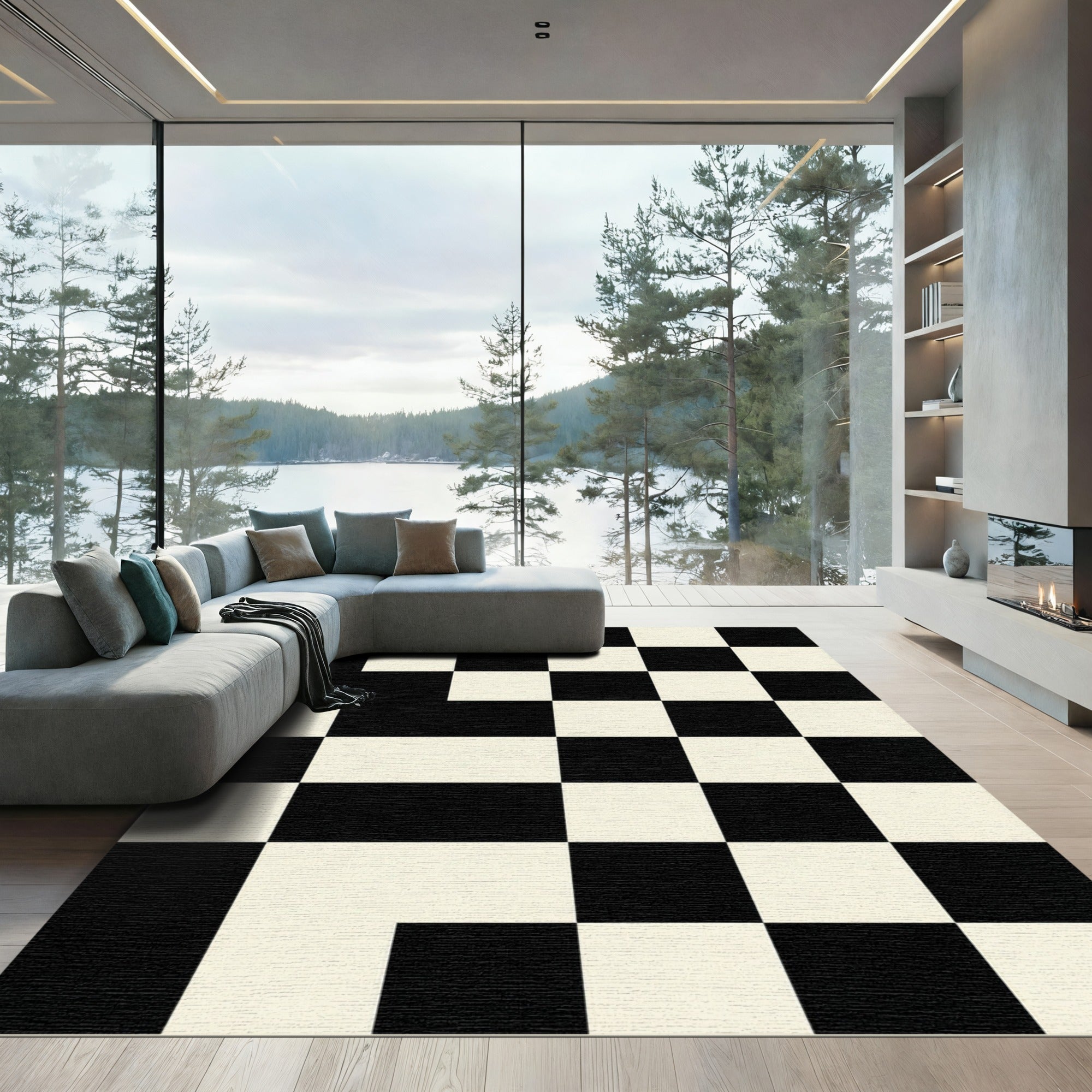 Modern Monochrome Abstract Checkered Grid Rug