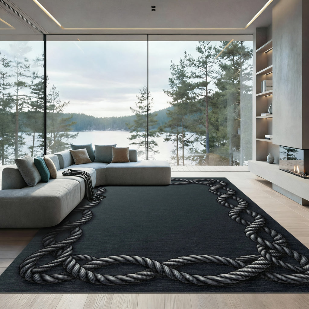 Dark Gray Braided Rope Border Rug