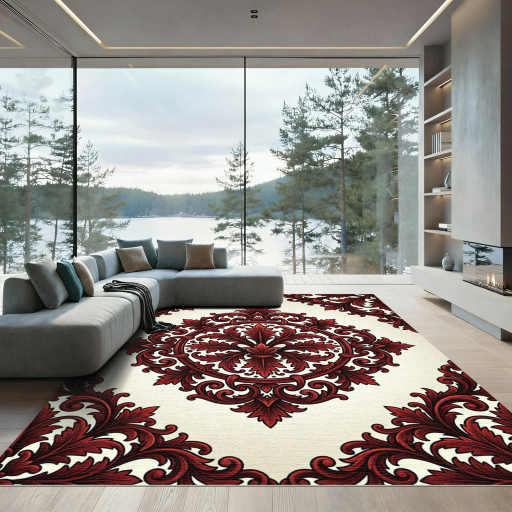 Crimson Baroque Scrollwork Ornate Medallion Rug