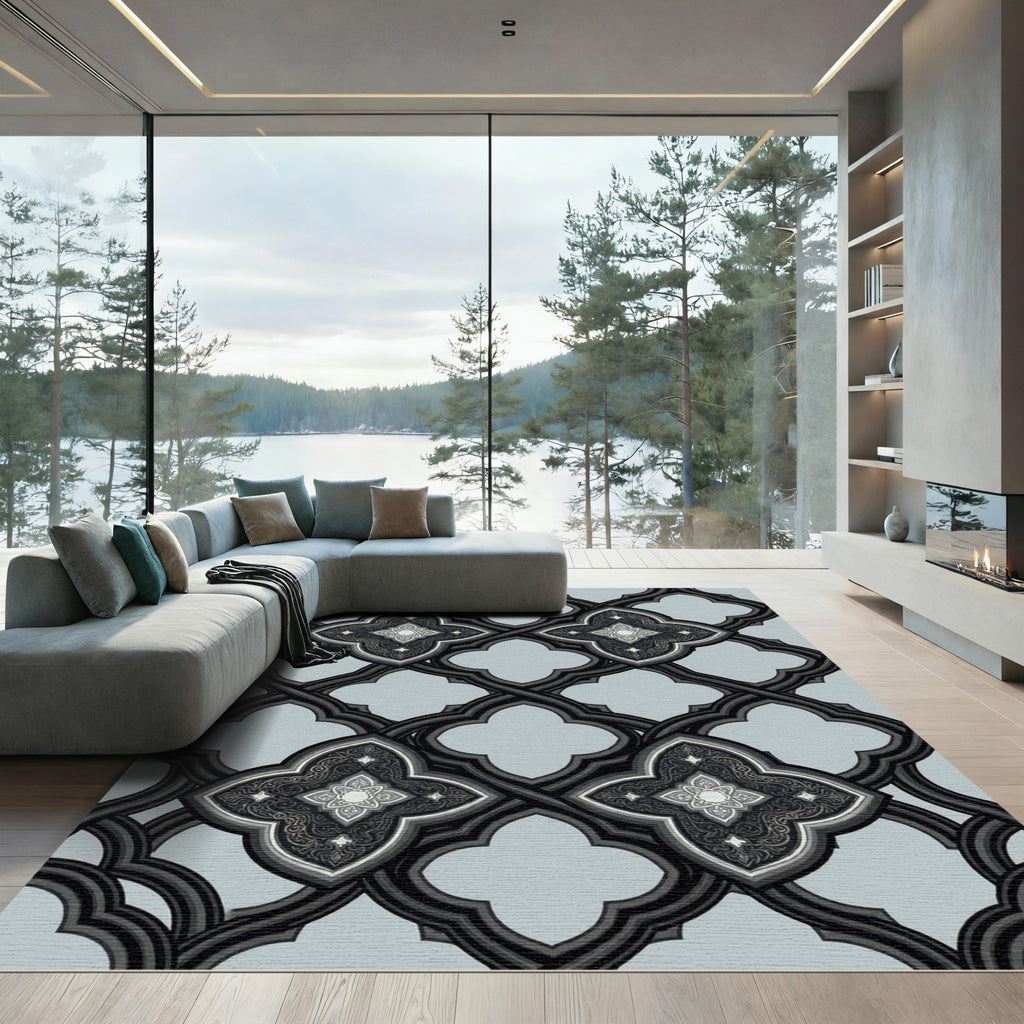 Ornate Black Quatrefoil Lattice Rug
