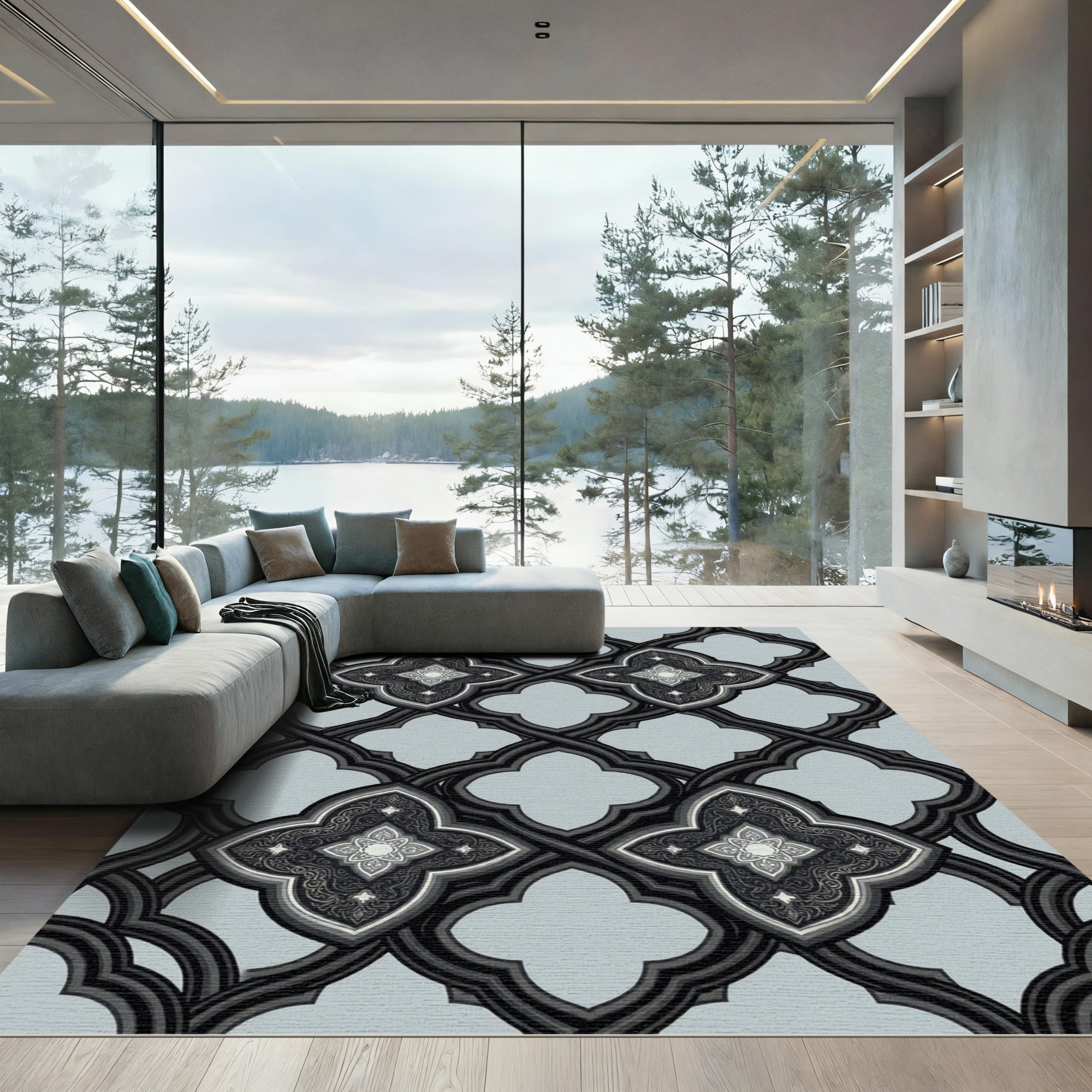 Ornate Black Quatrefoil Lattice Rug