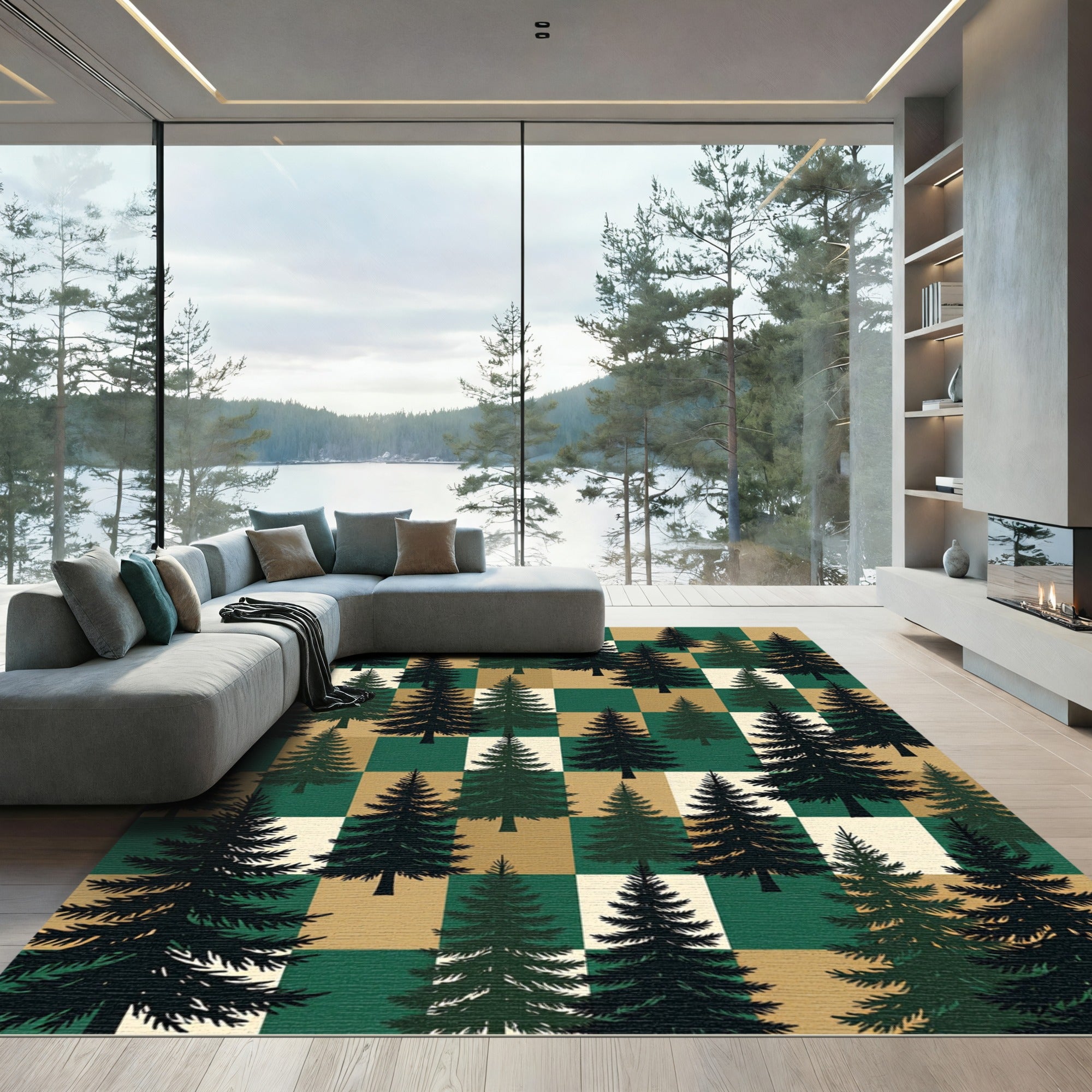 Earthy Forest Pine Checkered Woodland Rug