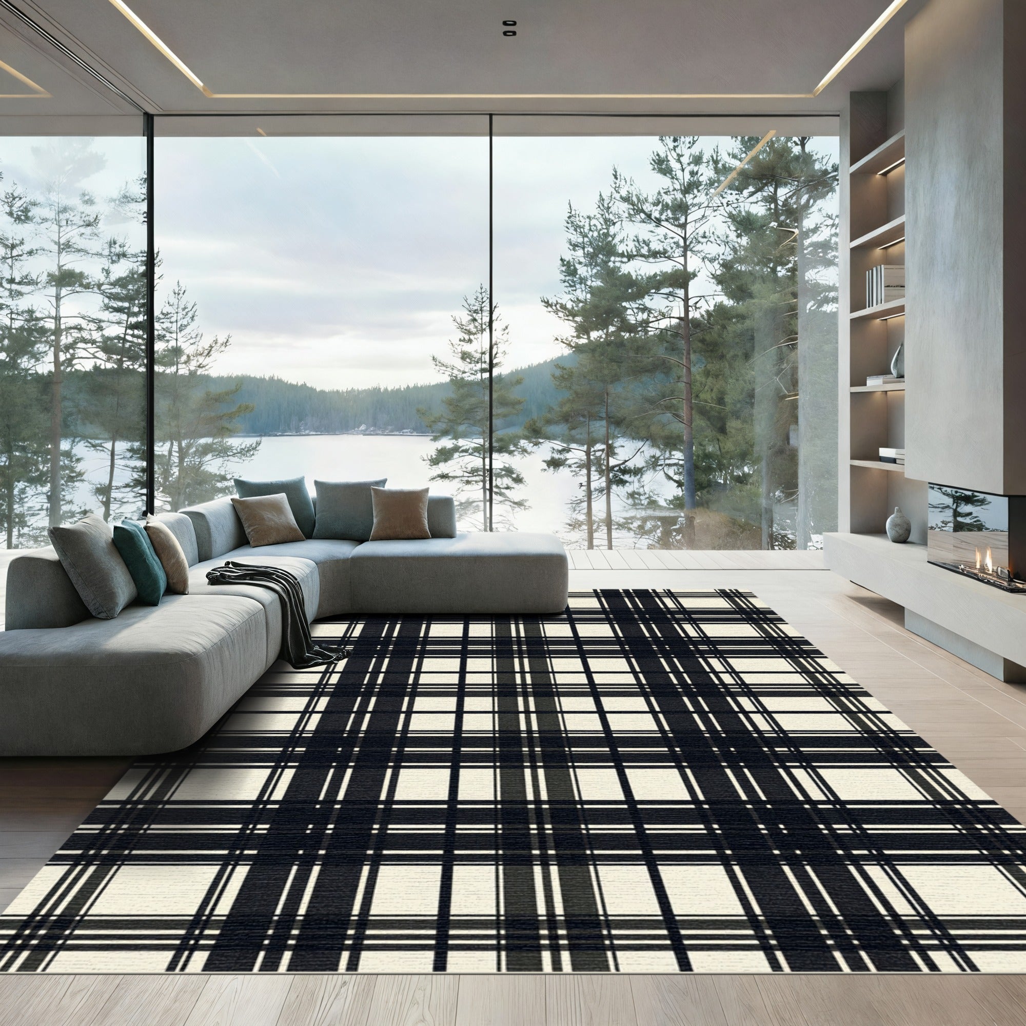 Minimalist Black and Cream Plaid Rug