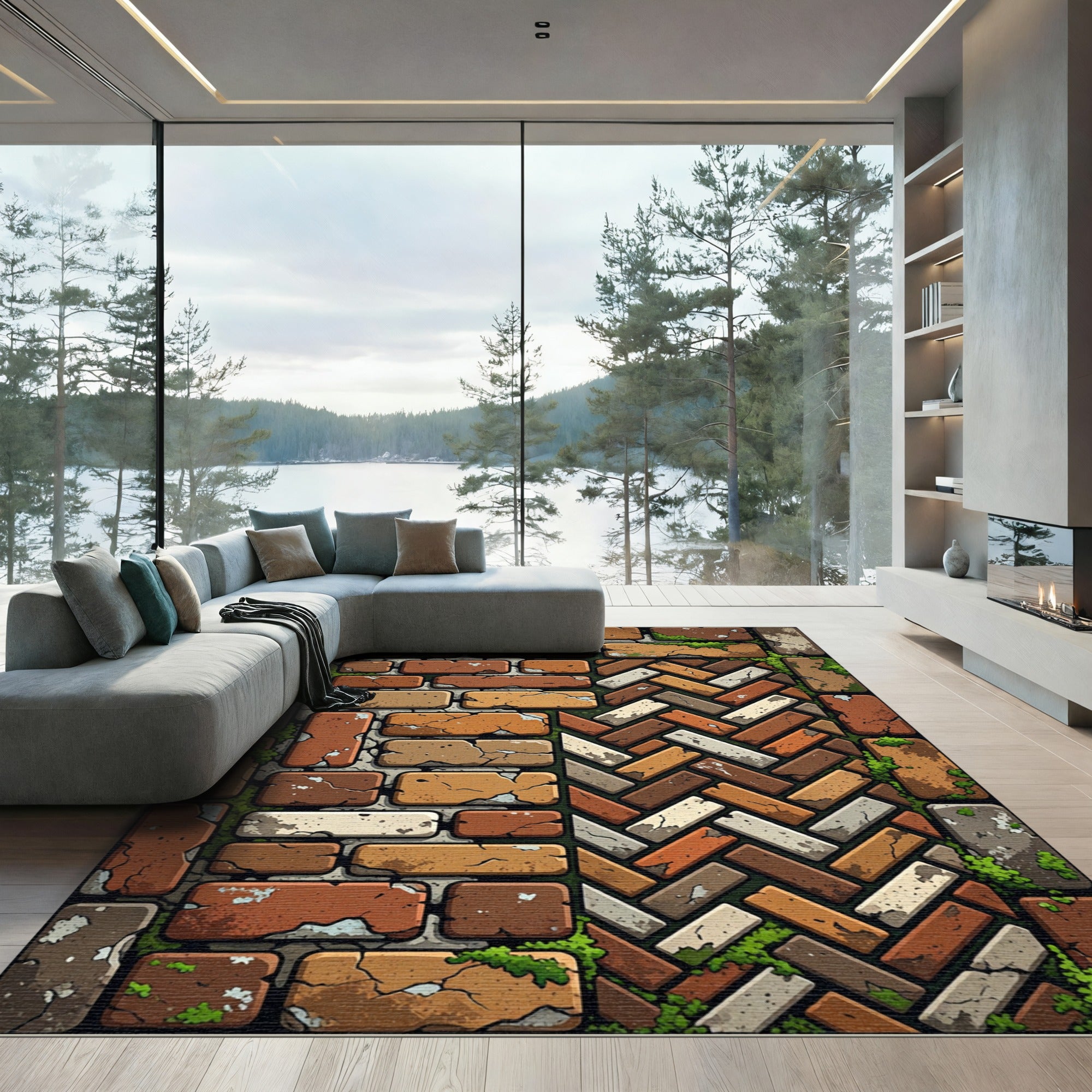 Rustic Earthy Brick Herringbone Composite Rug
