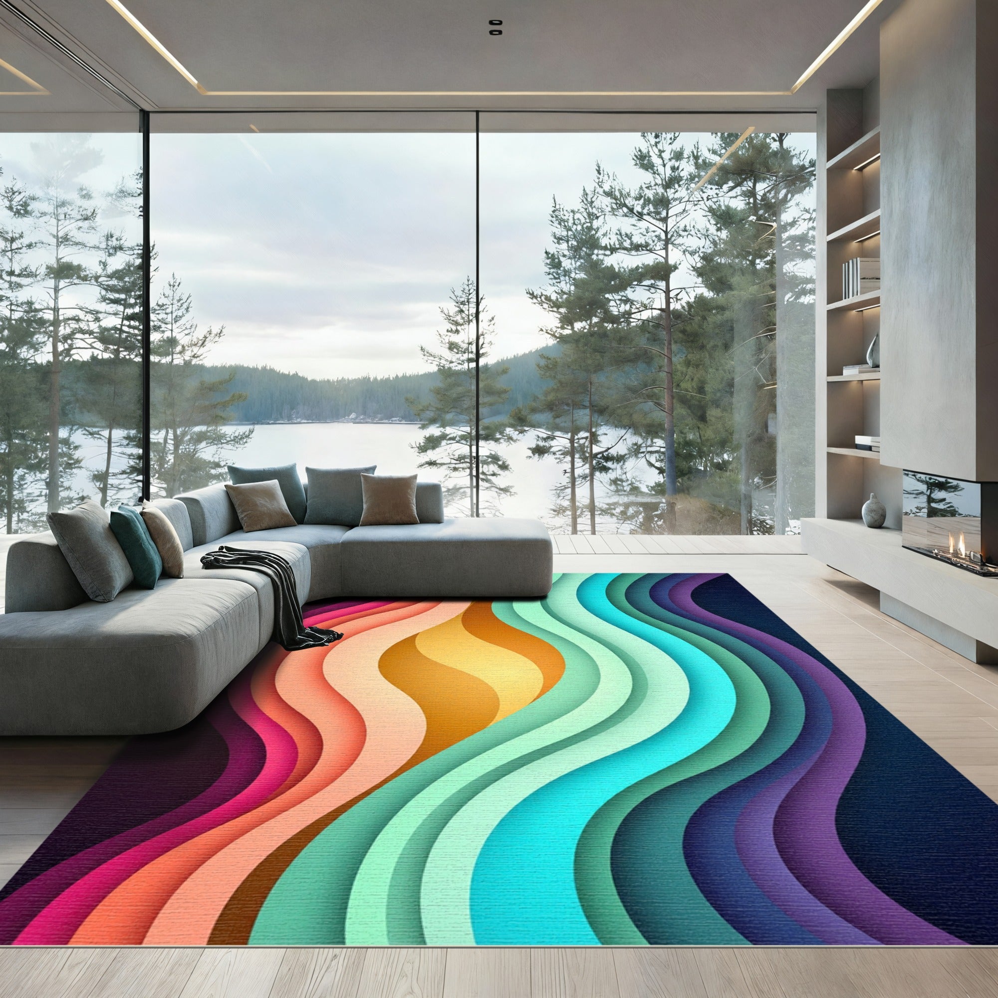 Vibrant Rainbow Flowing Wave Abstract Rug