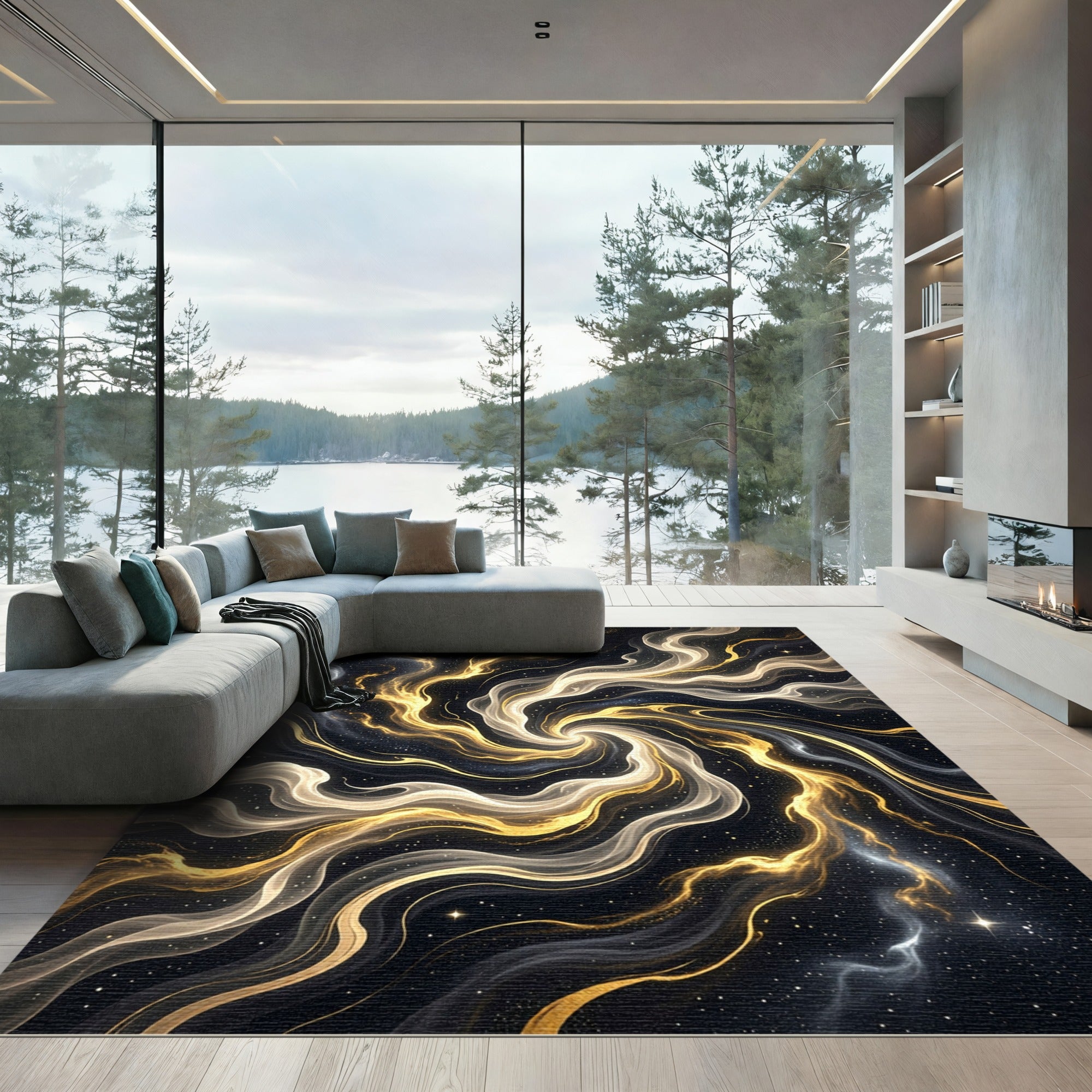 Golden Celestial Swirl Galactic Vortex Rug