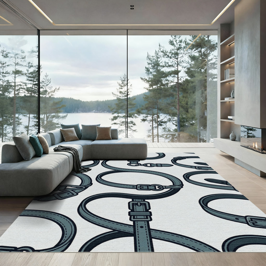 Modern Navy Leather Belt Loop Grid Rug