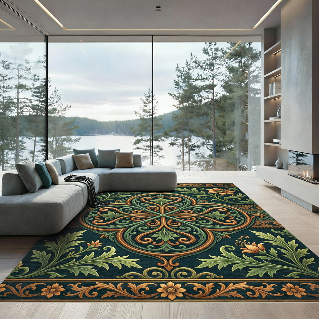 Elegant Ornate Emerald Gold Floral Medallion Rug