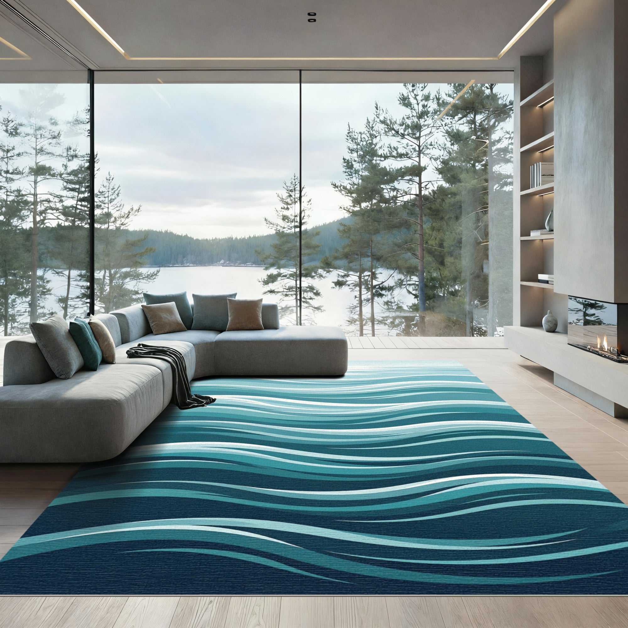Ocean Blue Abstract Flowing Wave Rug