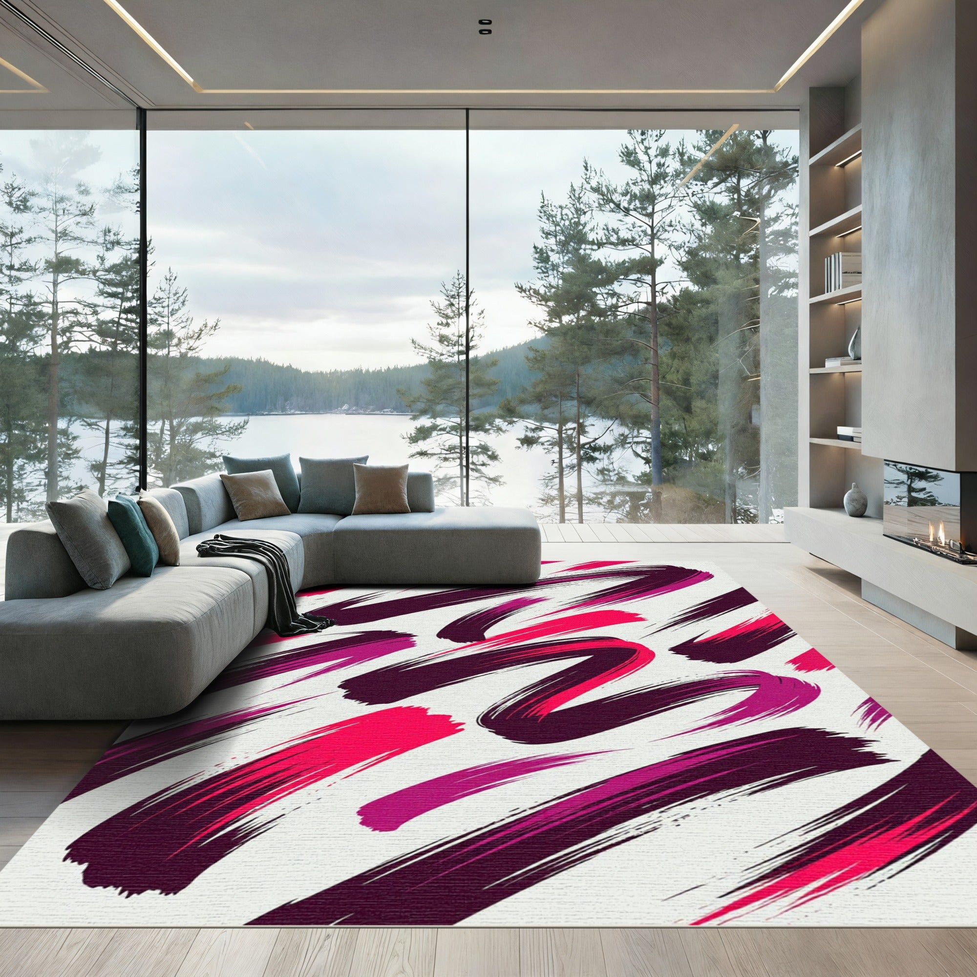 Vibrant Magenta Abstract Brush Stroke Art Rug