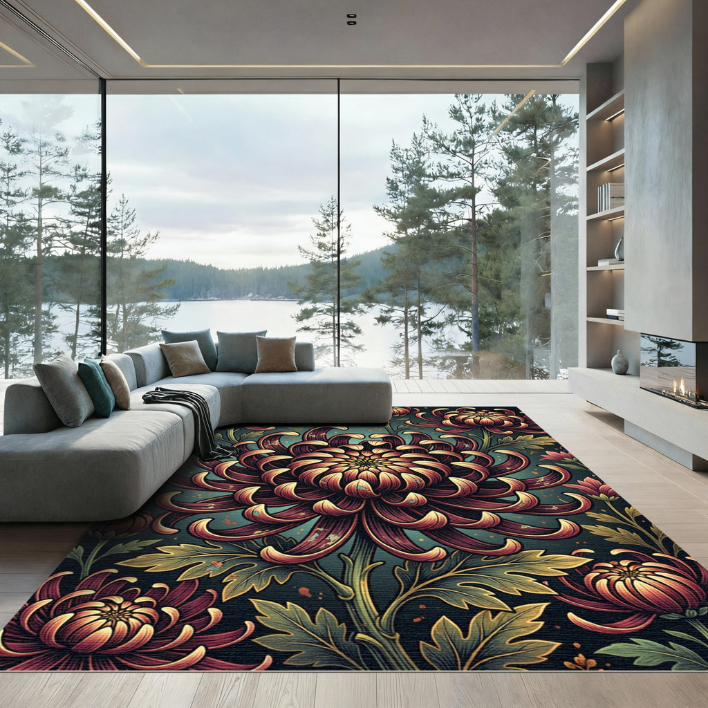 Dark Crimson Chrysanthemum Floral Botanical Art Rug