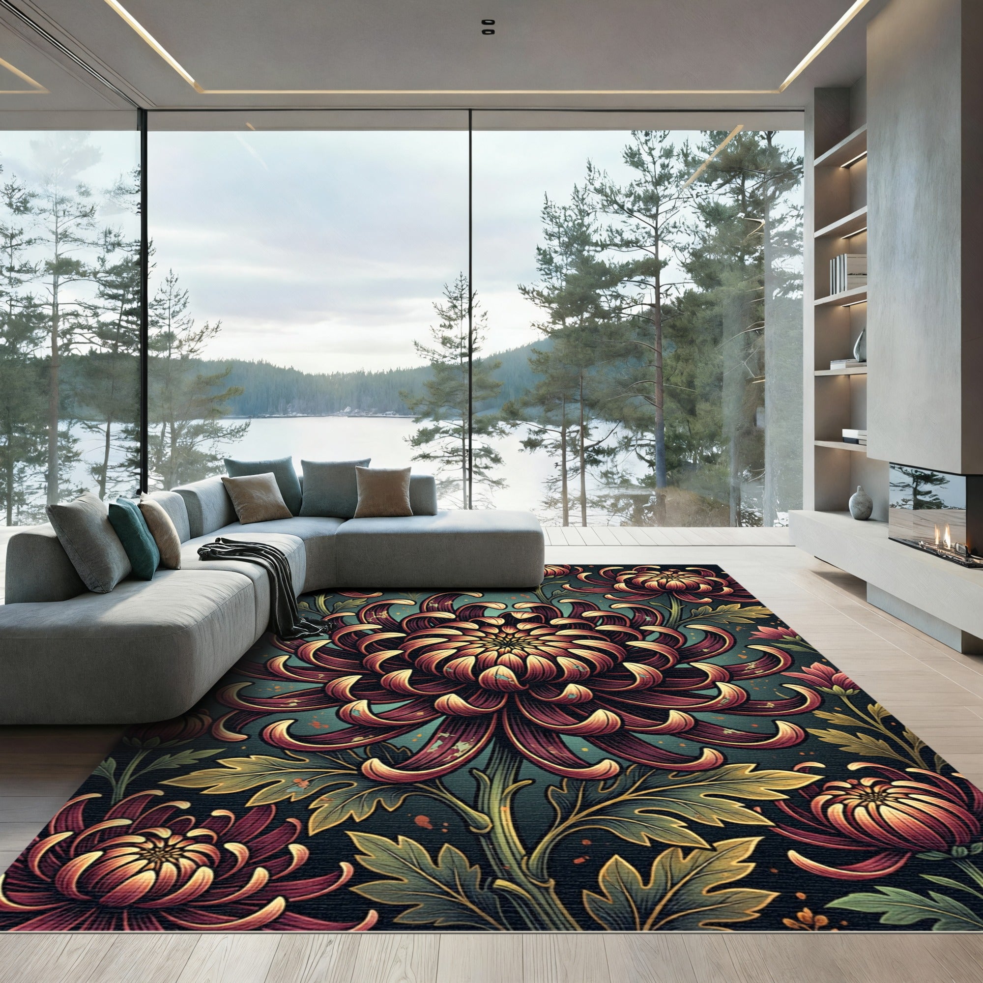 Dark Crimson Chrysanthemum Floral Botanical Art Rug