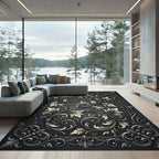 Ornate Scrolling Golden Leaf Motif Rug