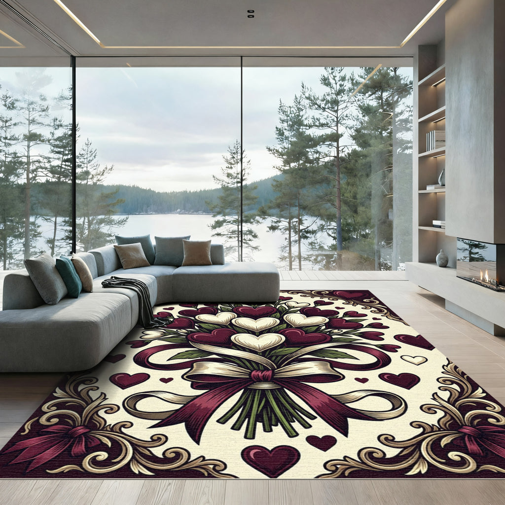 Rich Burgundy White Heart Bouquet Rug