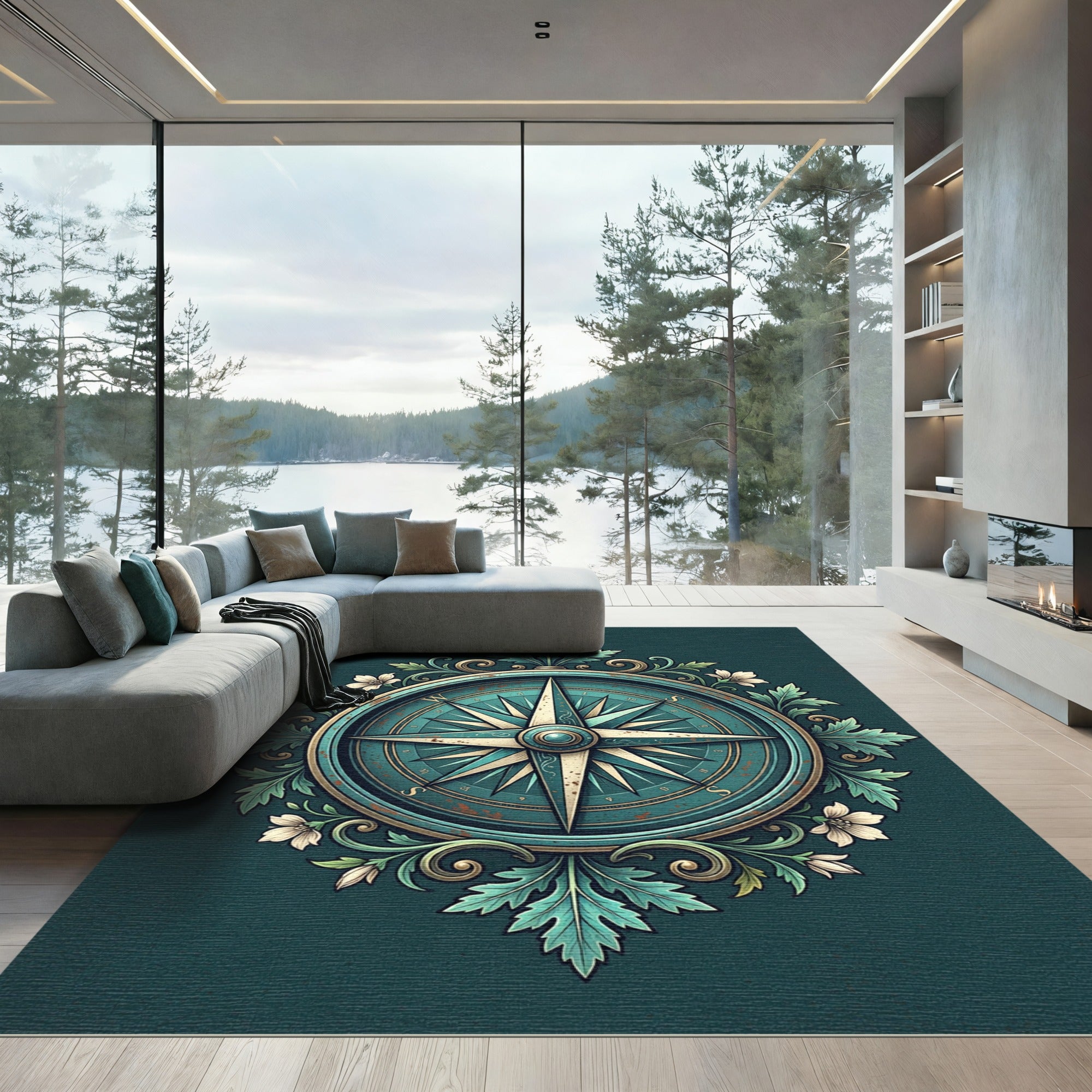 Vintage Teal Compass Floral Medallion Rug