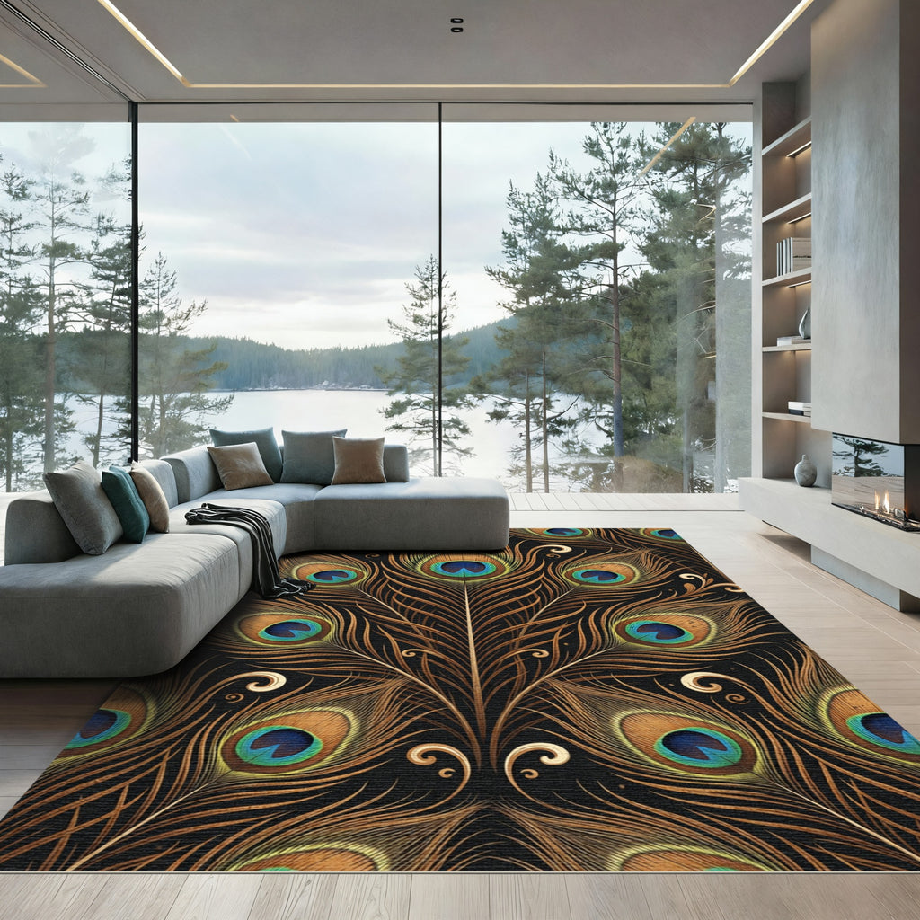 Golden Peacock Feather Art Deco Rug