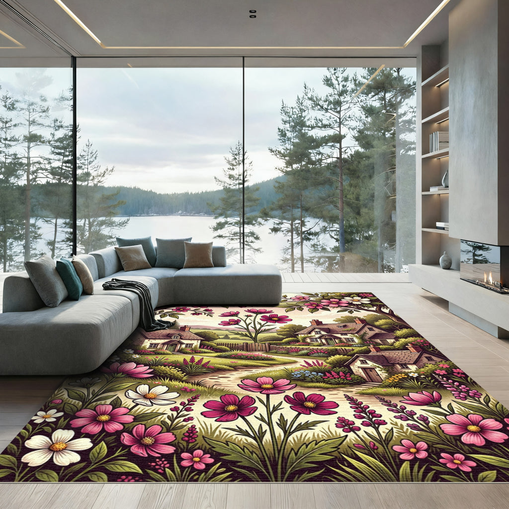 Enchanted Pink Floral Cottage Garden Rug