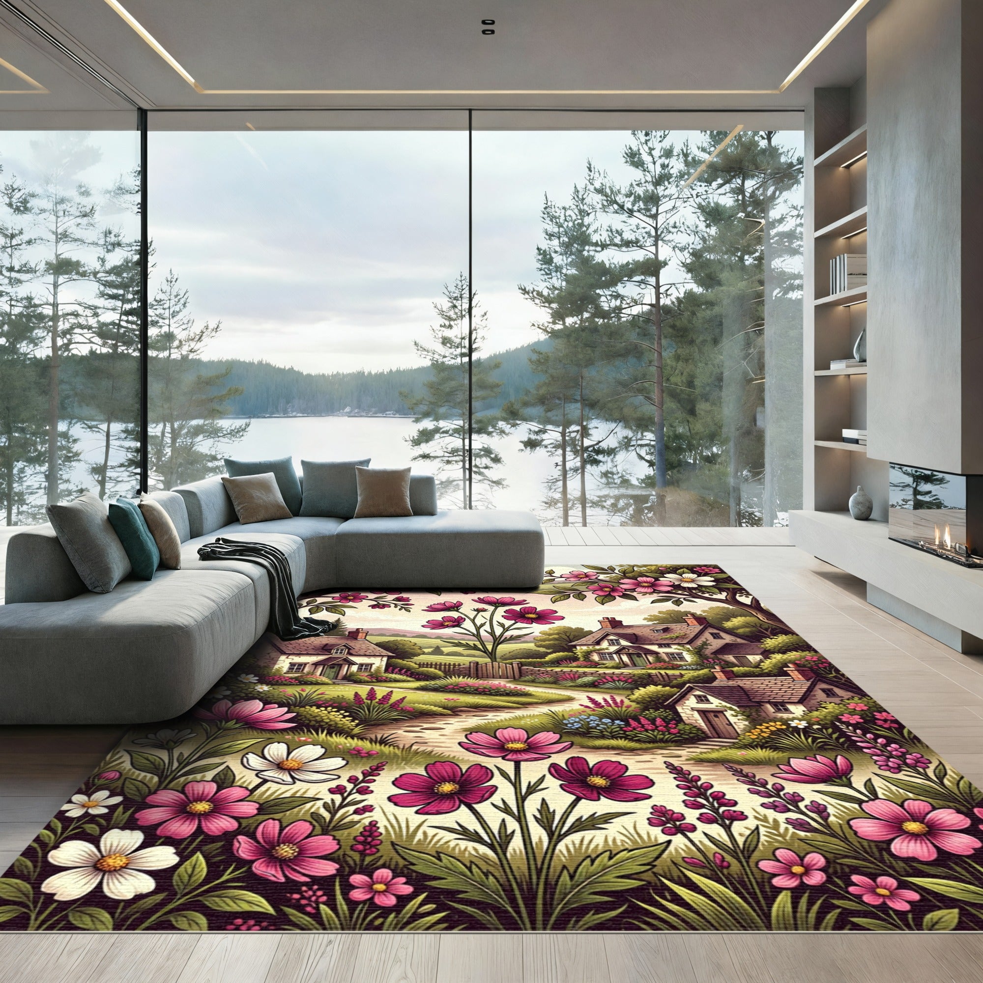 Enchanted Pink Floral Cottage Garden Rug