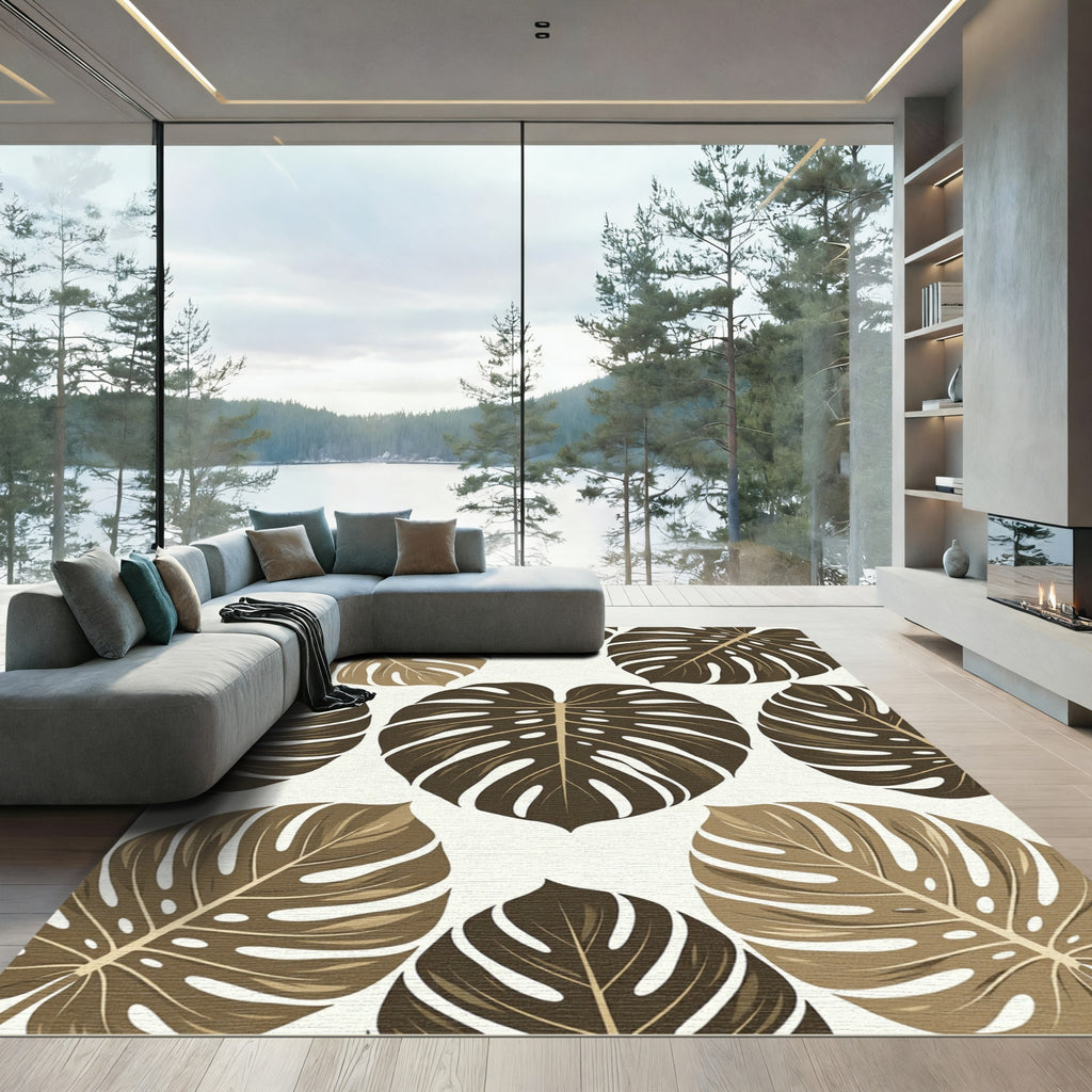 Earthy Brown Tropical Monstera Leaf Rug