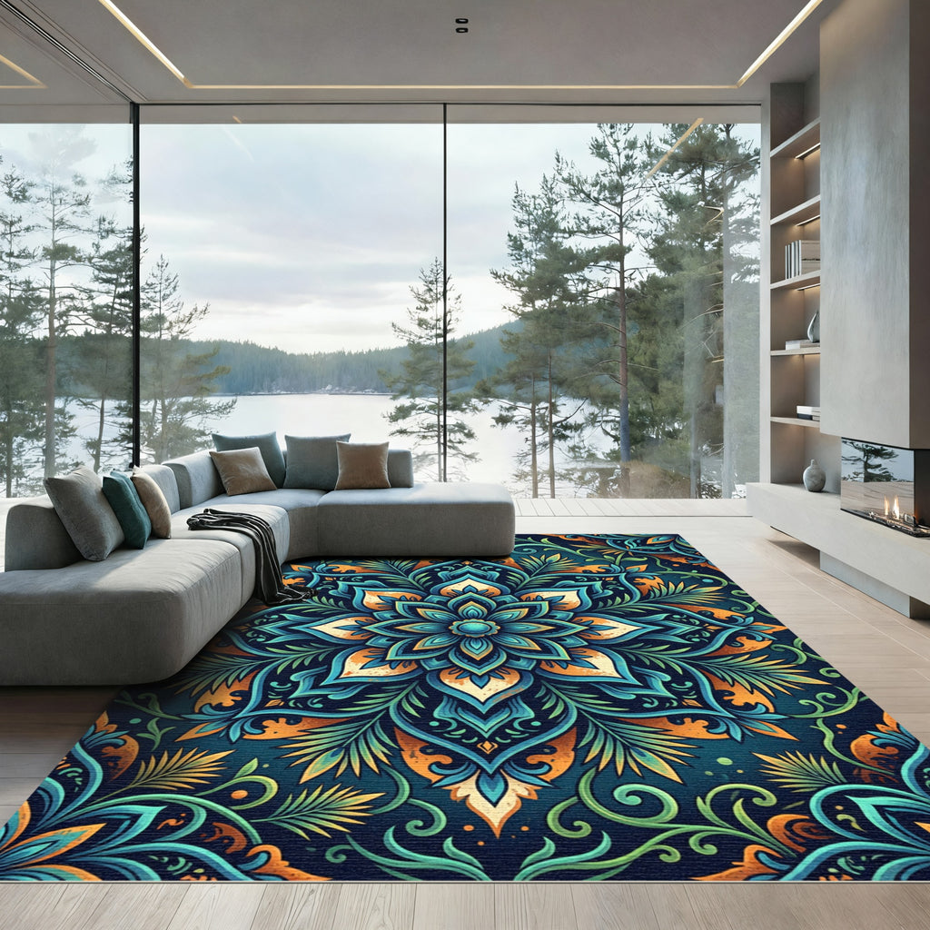 Teal and Amber Lotus Flower Medallion Rug