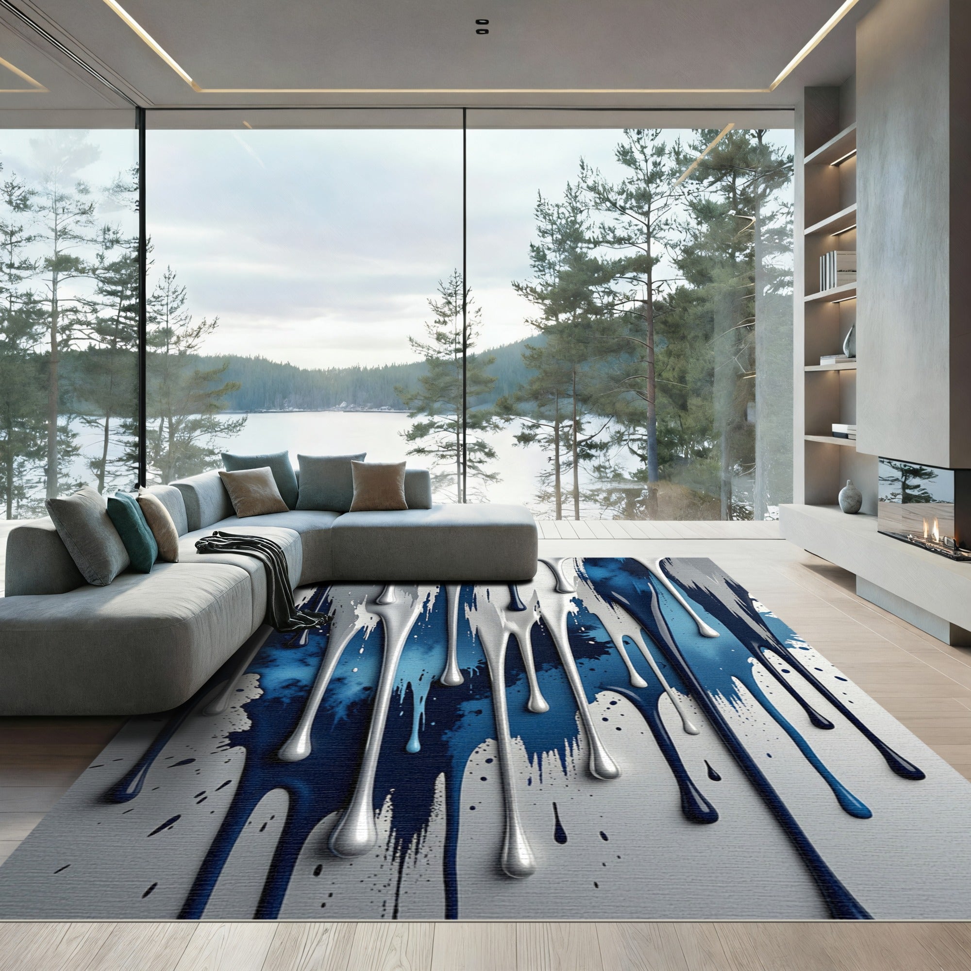 Blue White Drip Abstract Paint Rug