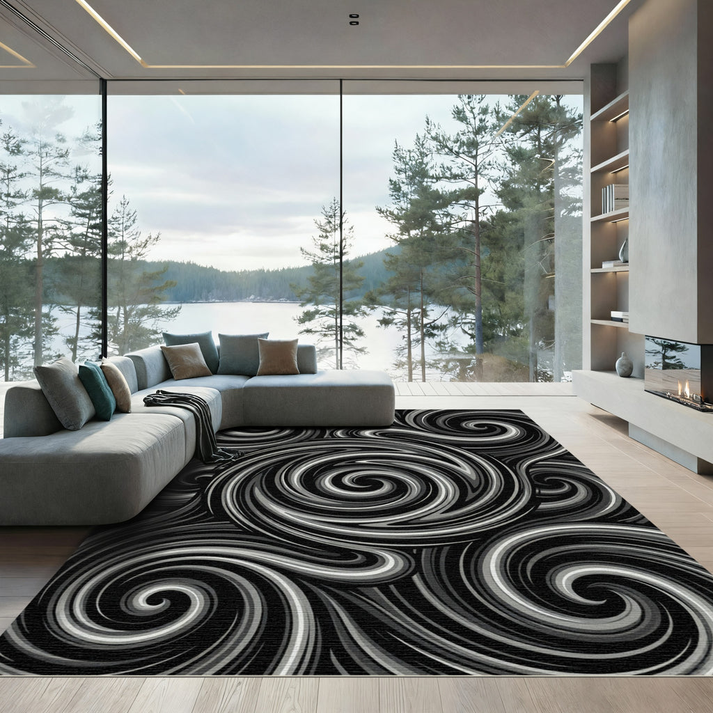Monochrome Swirl Line Art Rug