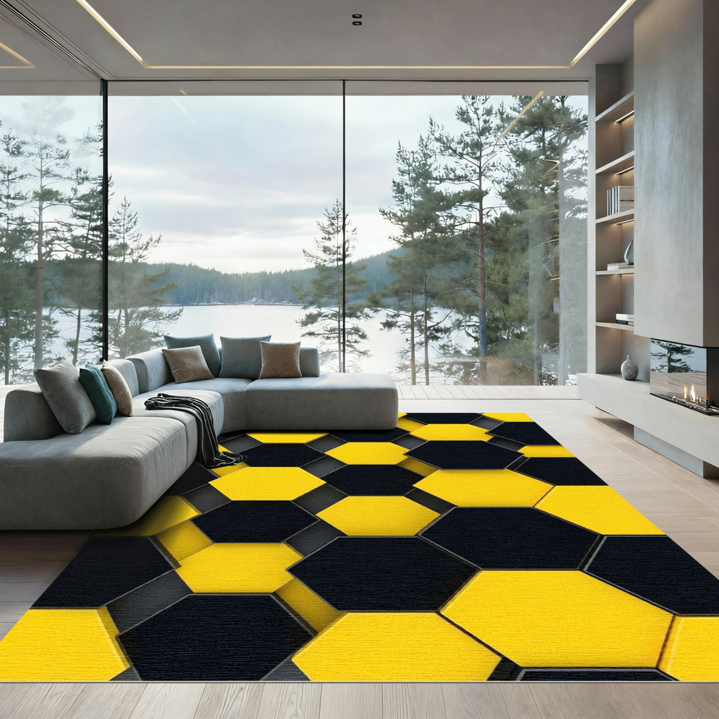 Bold Black and Yellow Honeycomb Rug