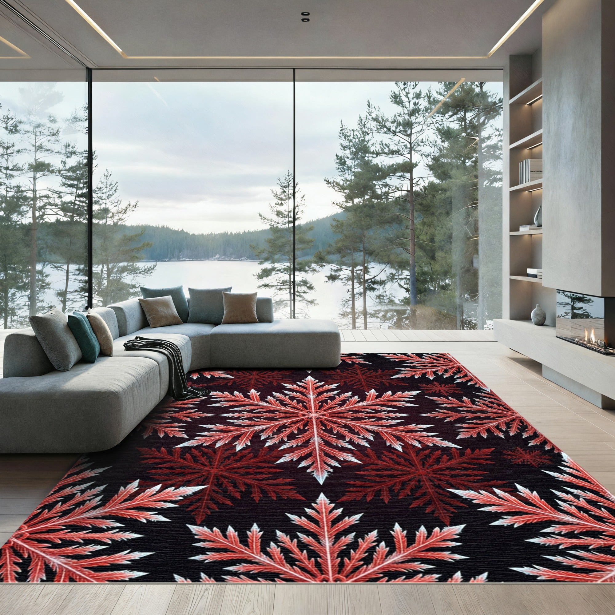 Crimson Red Snow Flake Pattern Rug