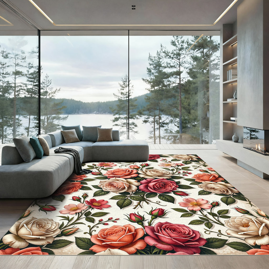 Romantic Garden Rose Bouquet Floral Rug