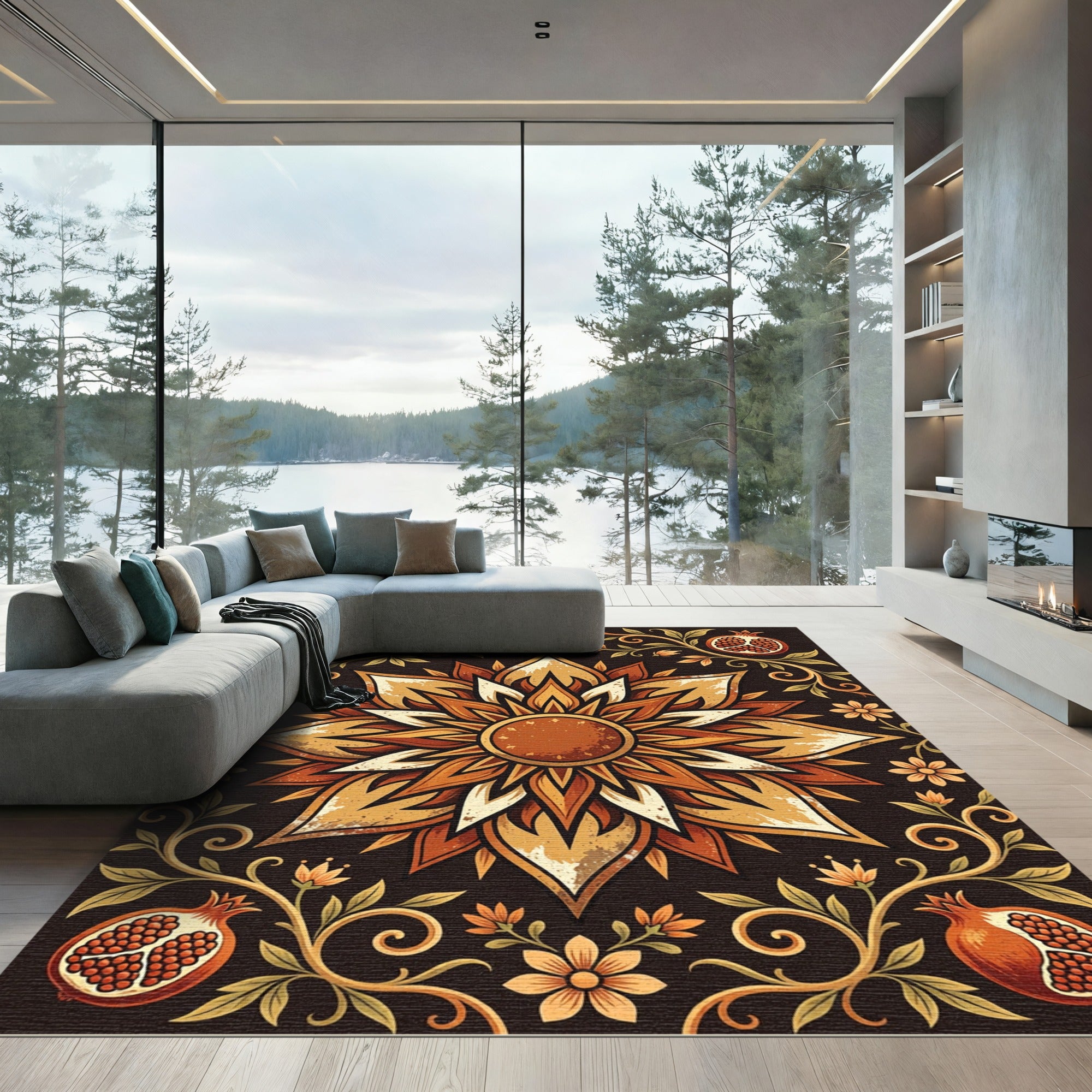Golden Pomegranate Medallion Floral Earthy Scroll Rug