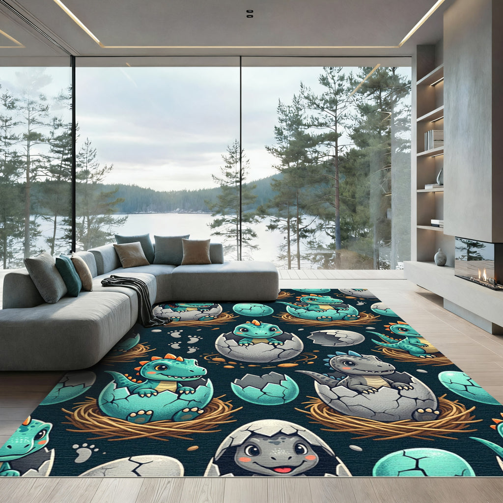 Playful Teal Hatching Dinosaur Illustration Rug