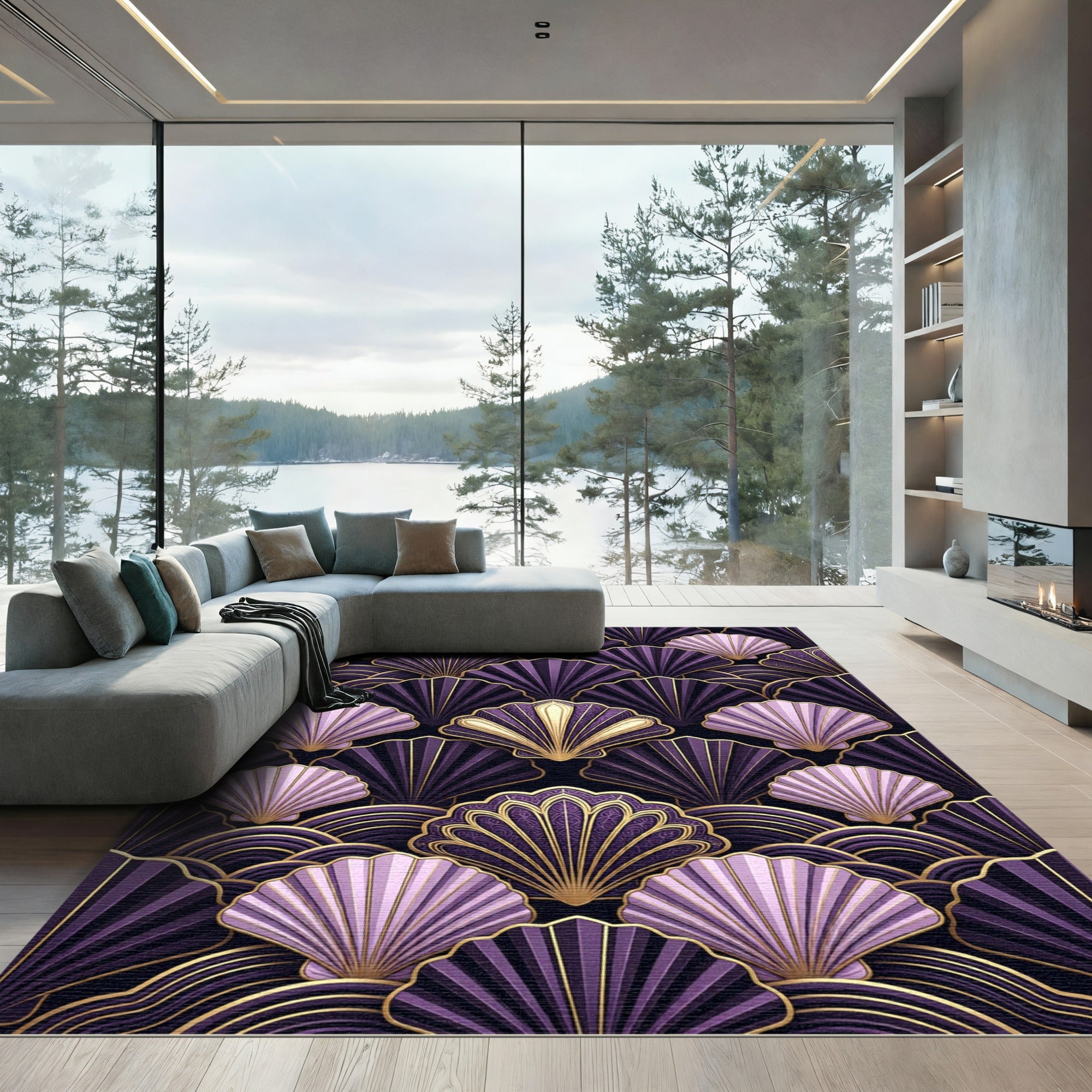 Plum Gold Art Deco Fan Shell Rug