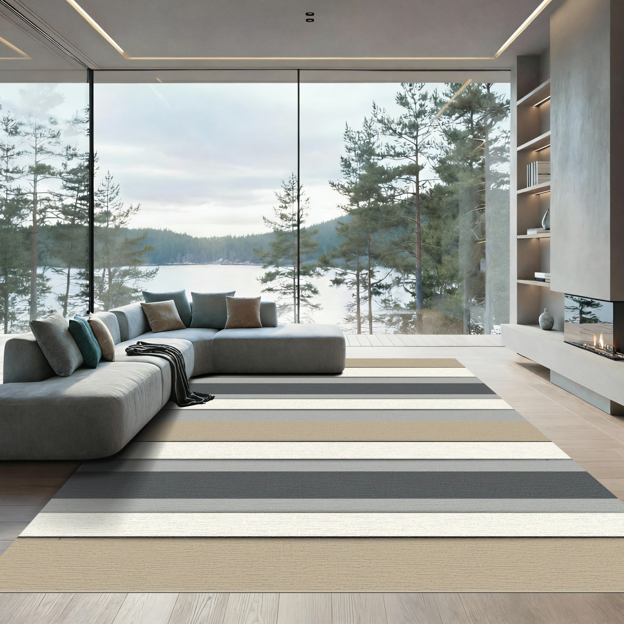 Cool Toned Layered Bands Accent Rug