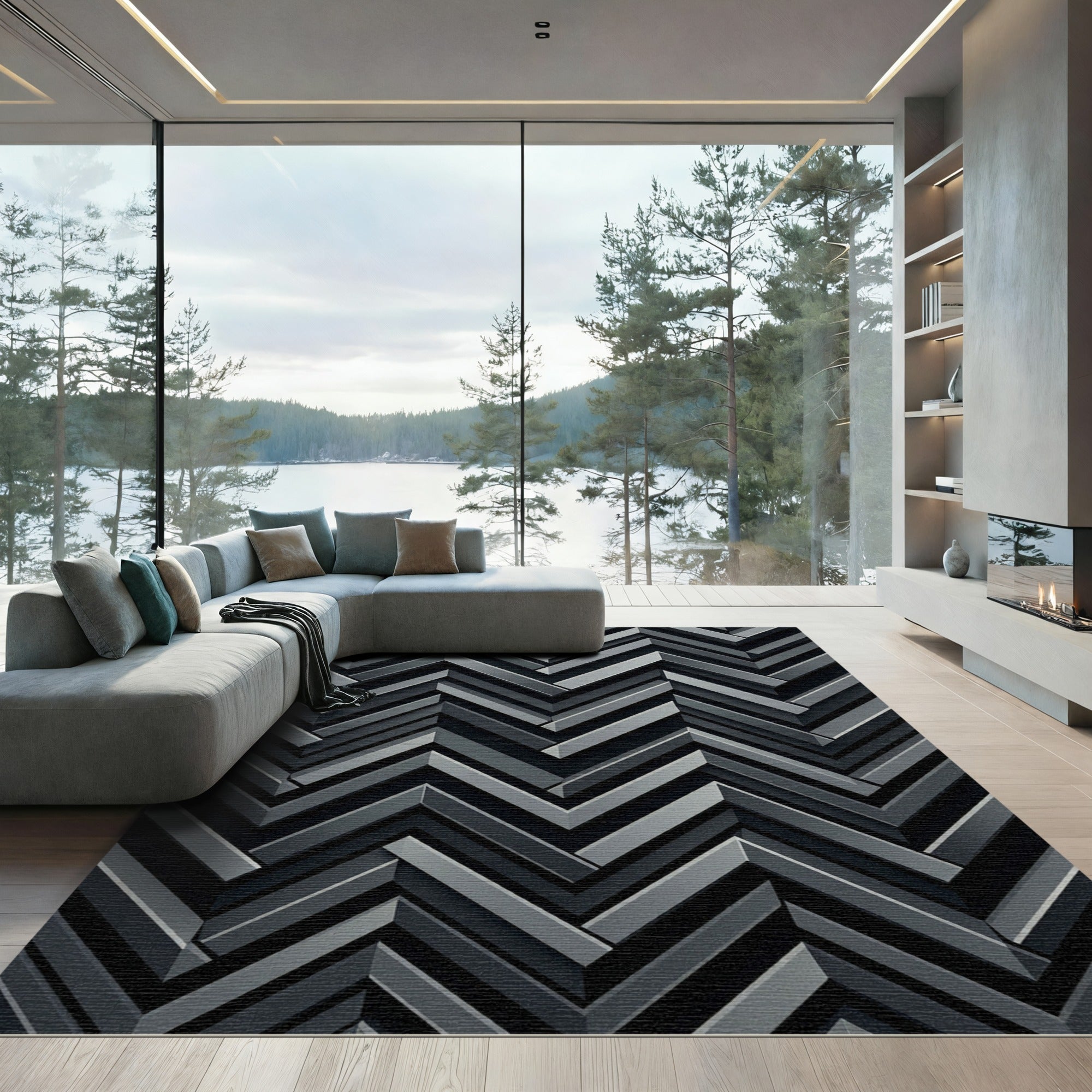 Monochrome Gray Herringbone Chevron Rug