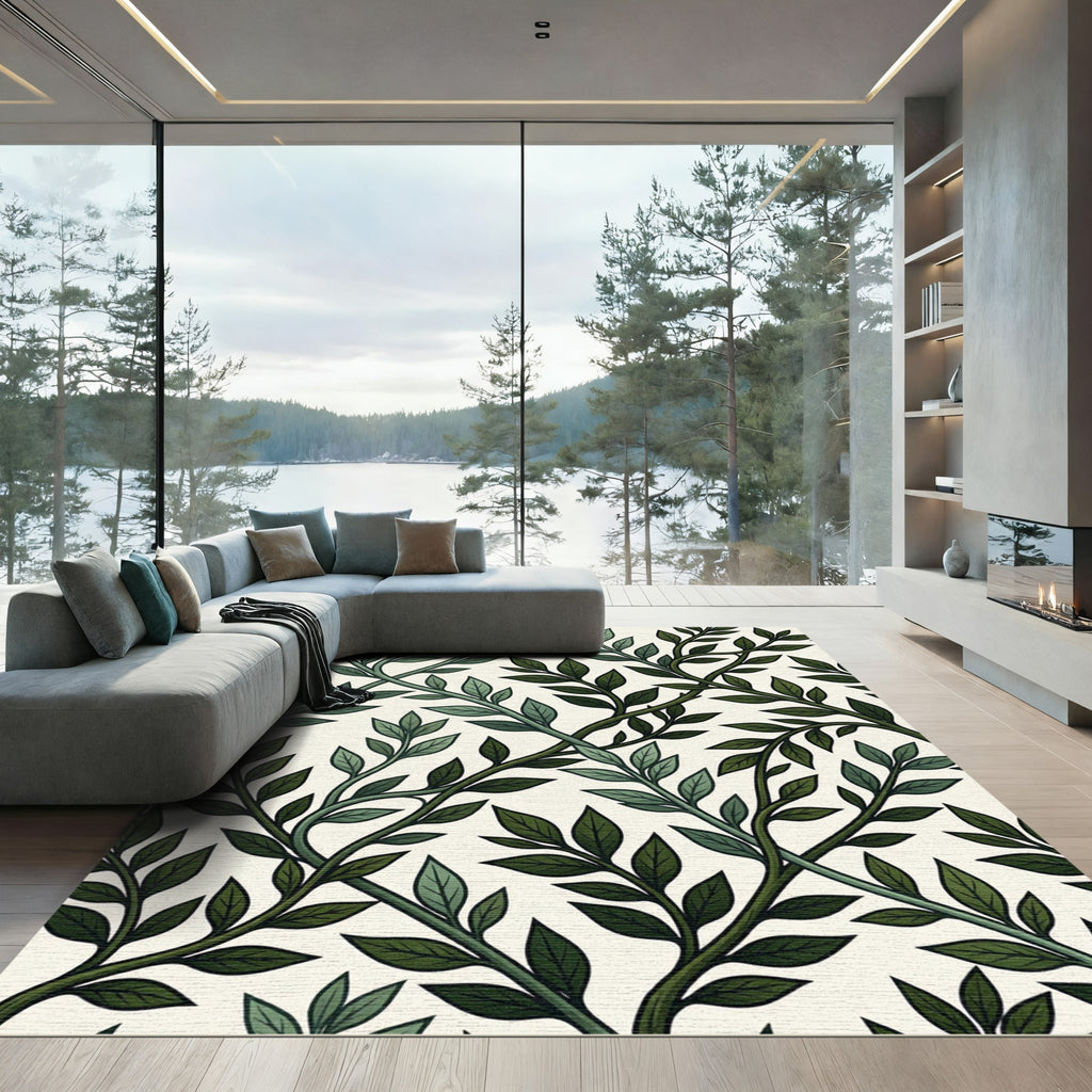 Deep Emerald Vines Over Cream Rug