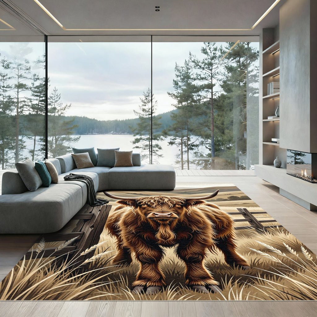 Highland Cattle Farm Meadow Landscape Rug