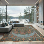 Vintage Sage Teal Floral Medallion Rug
