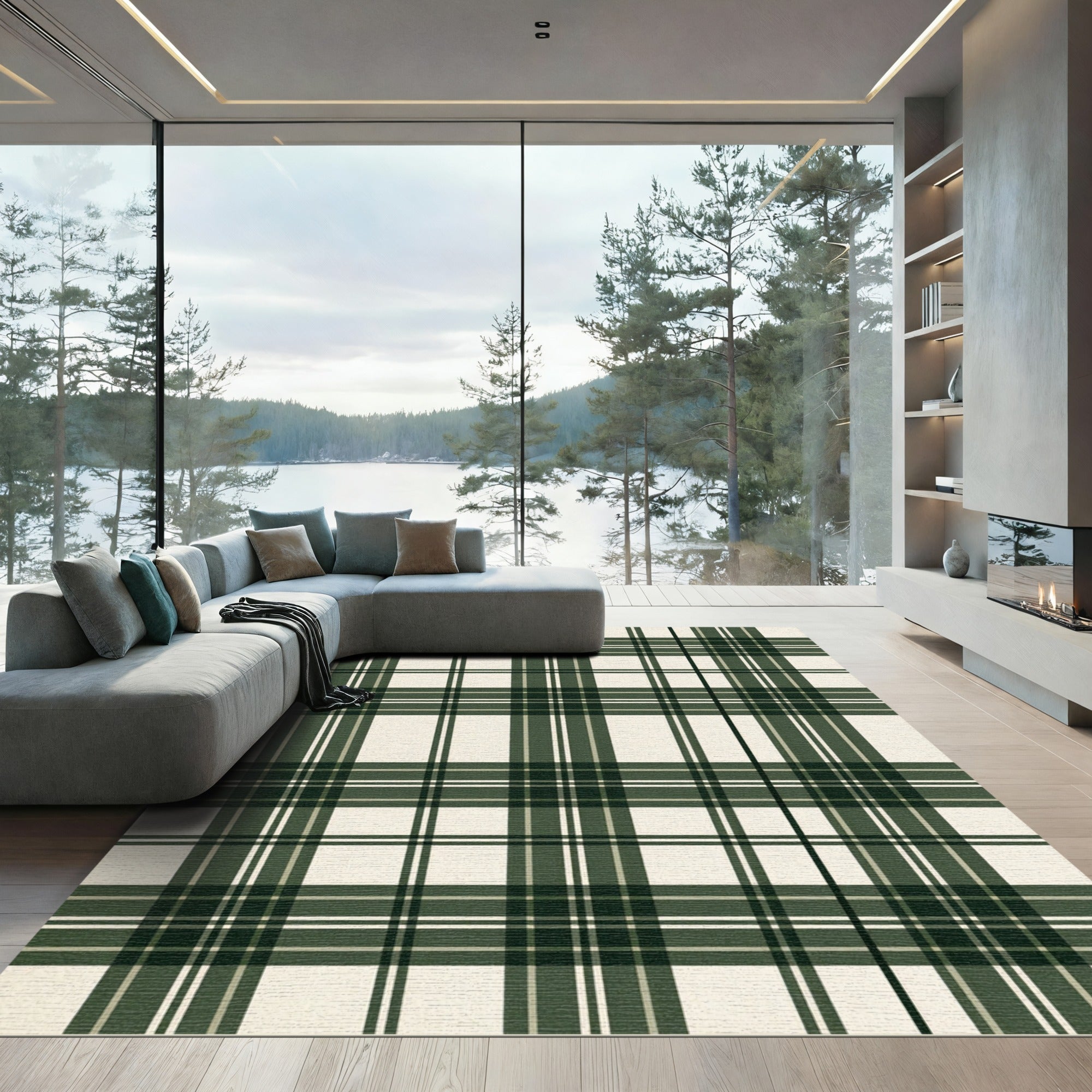 Classic Green Cream Plaid Check Rug