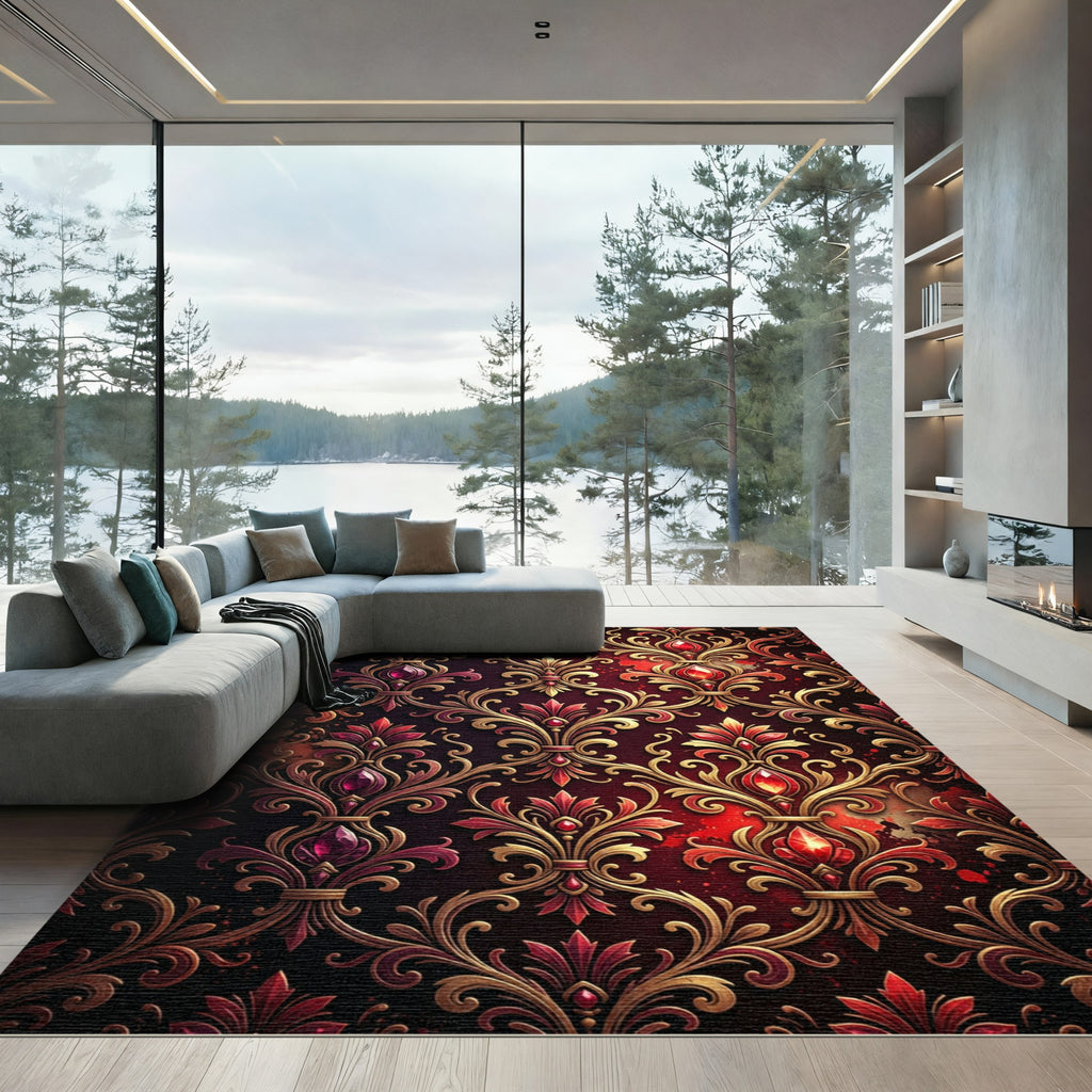 Regal Crimson Gold Floral Jewel Rug