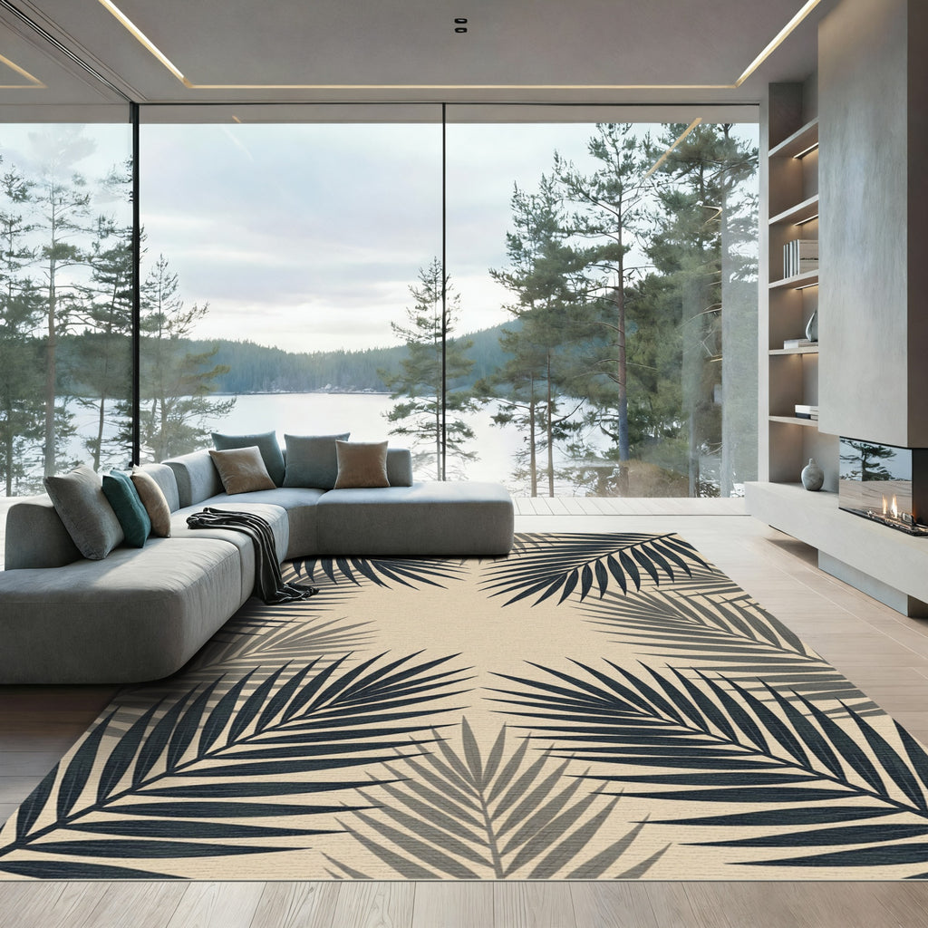 Minimalist Dark Tropical Palm Leaf Area Rug