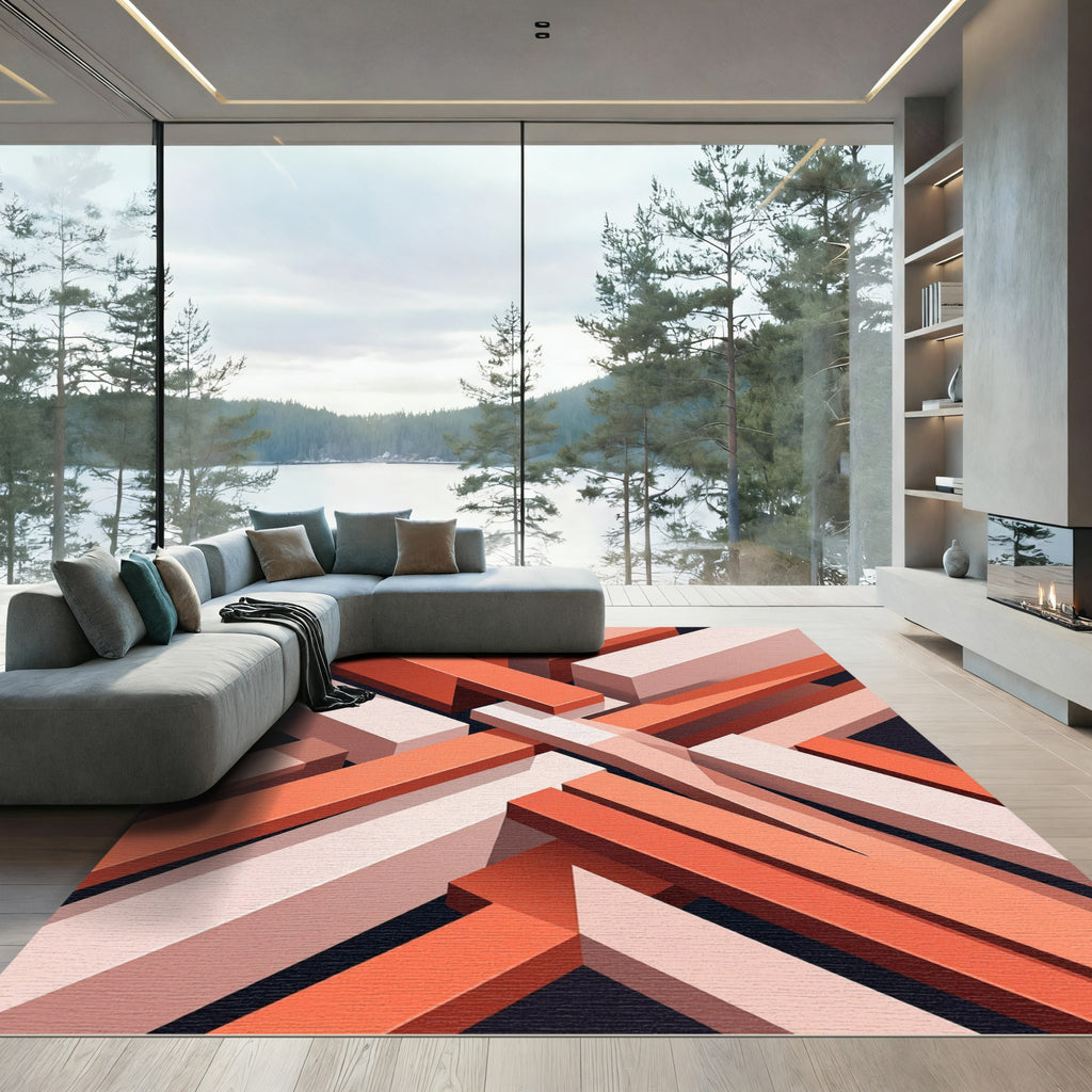 Modern Coral Geometric Intersecting Lines Rug