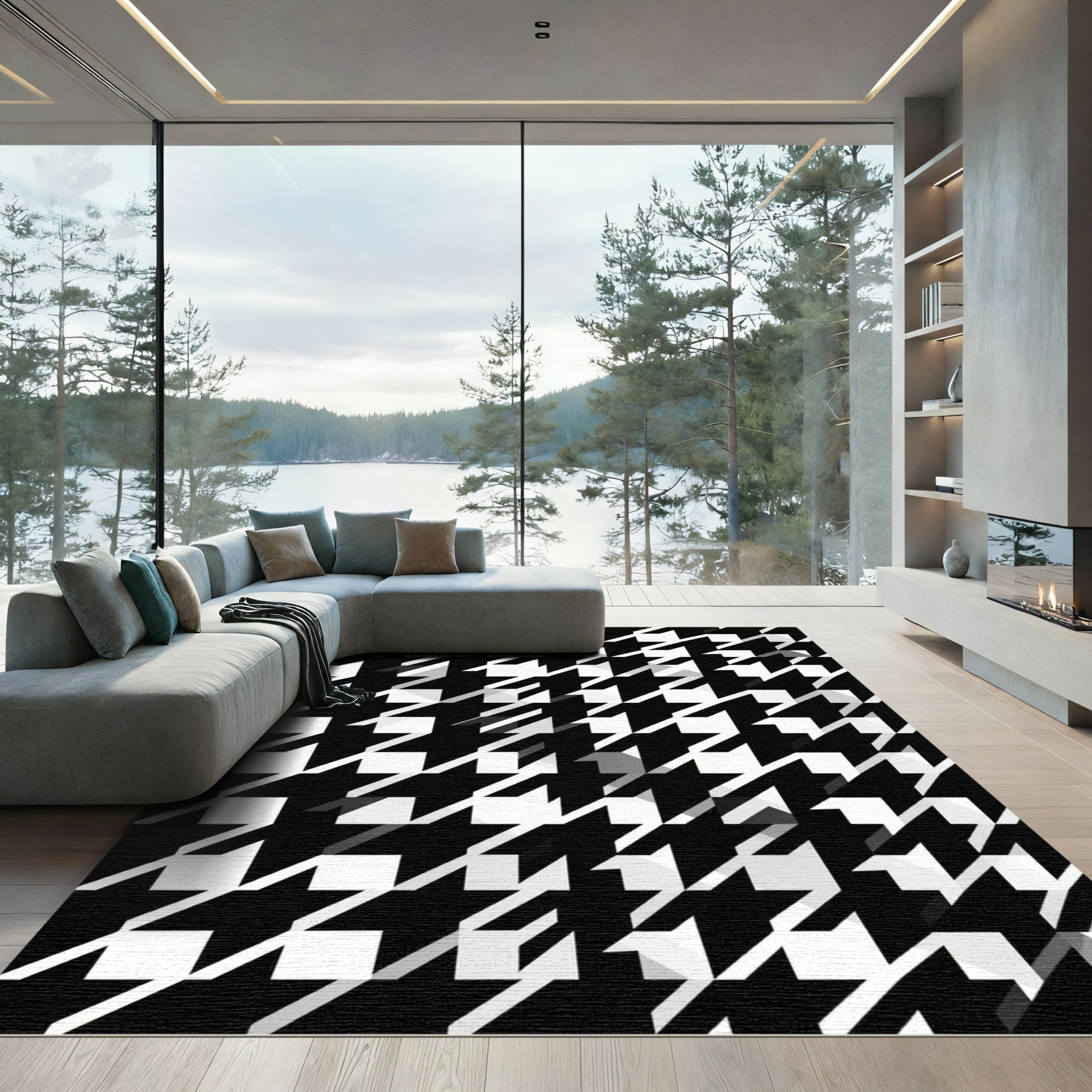 Bold Monochrome Geometric Houndstooth Graphic Rug